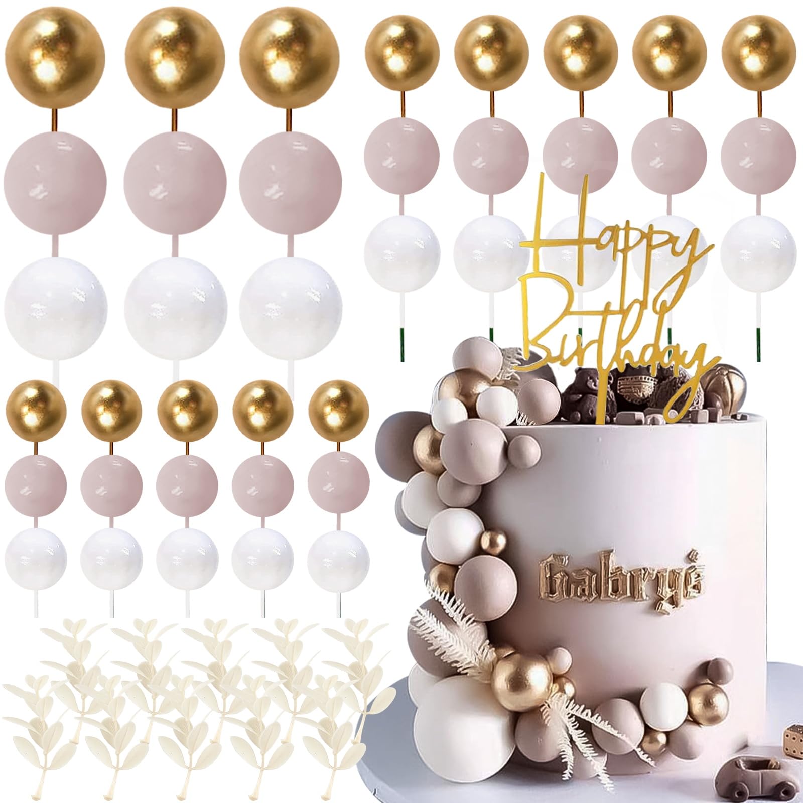 White Gold Ball Cake Topper 50PCS Khaki Ball Cake Decoration Boho Birthday Cake Decoration Balloon Cake Insert for Happy Birthday Bohemian Wedding Baby Shower Party Supplie