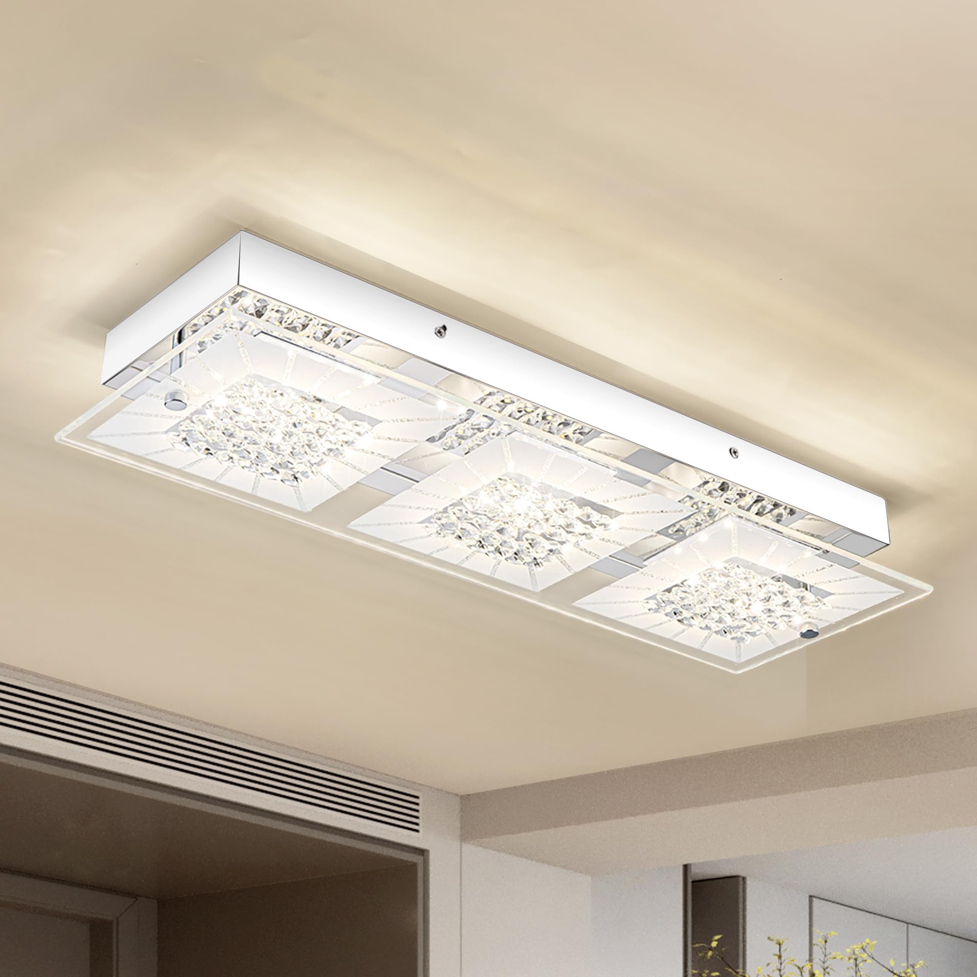 Lzawvm Crystal Ceiling Light Flush Mount Rectangle Ceiling Light Fxiture Modern Hallway Light LED Dimmable 4000K for Kitchen, Bathroom, Bedroom, 18W