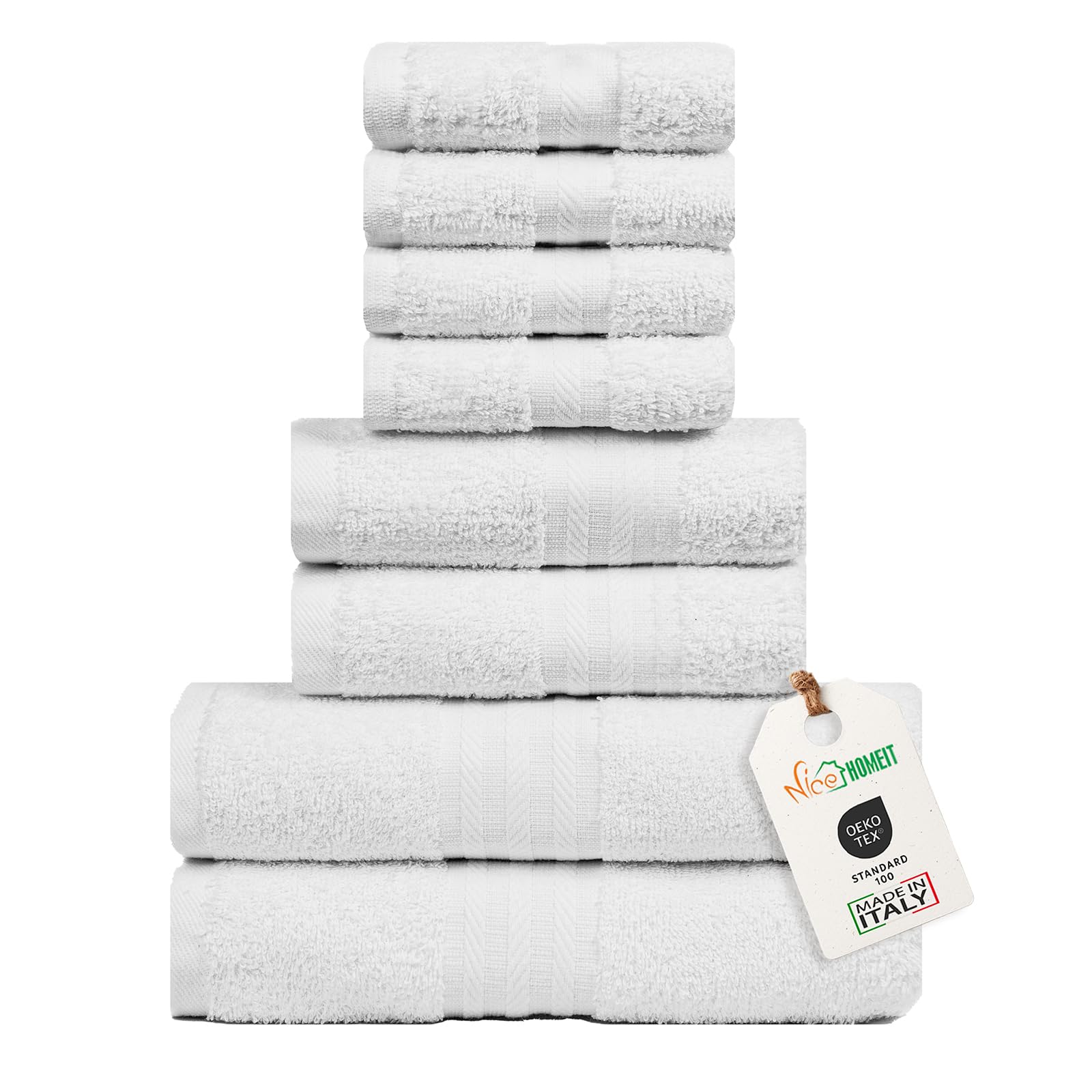 nice homeit Set Asciugamani Medie, in Cotone 100%, 8 Pezzi Asciugamani, Made in Italy. Extra Morbido Assorbente. 2 Asciugamani + 2 Asciugamani Ospite + 4 Lavette (Bianco)