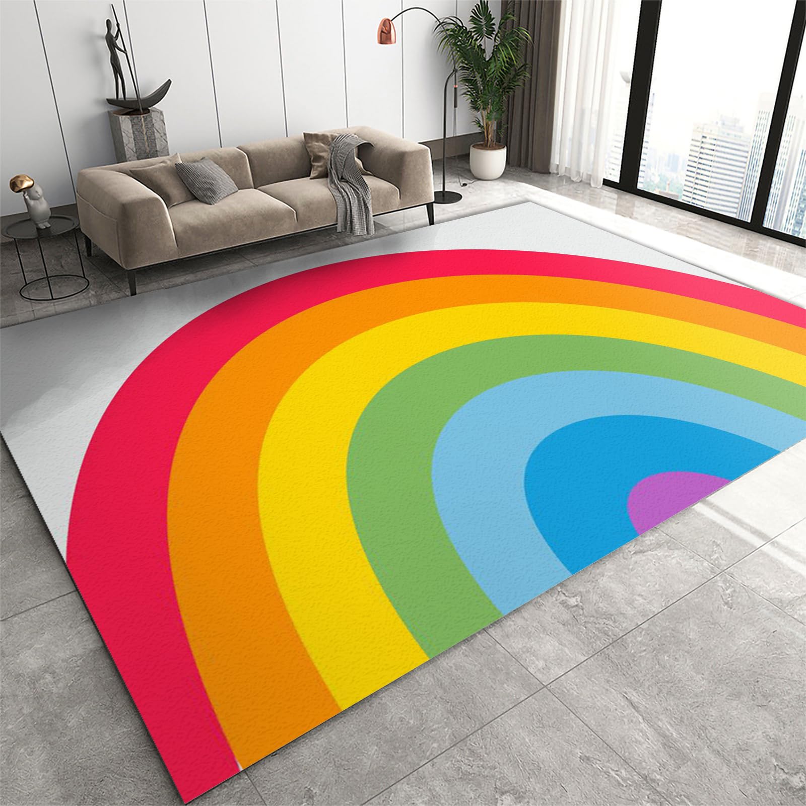 Rainbow Print Machine Washable Area Rug, 160x230cm, Boho All-Match Kids Rug, Lightweight Non-Slip Low Pile Carpet for High-Traffic Hardwood Floors