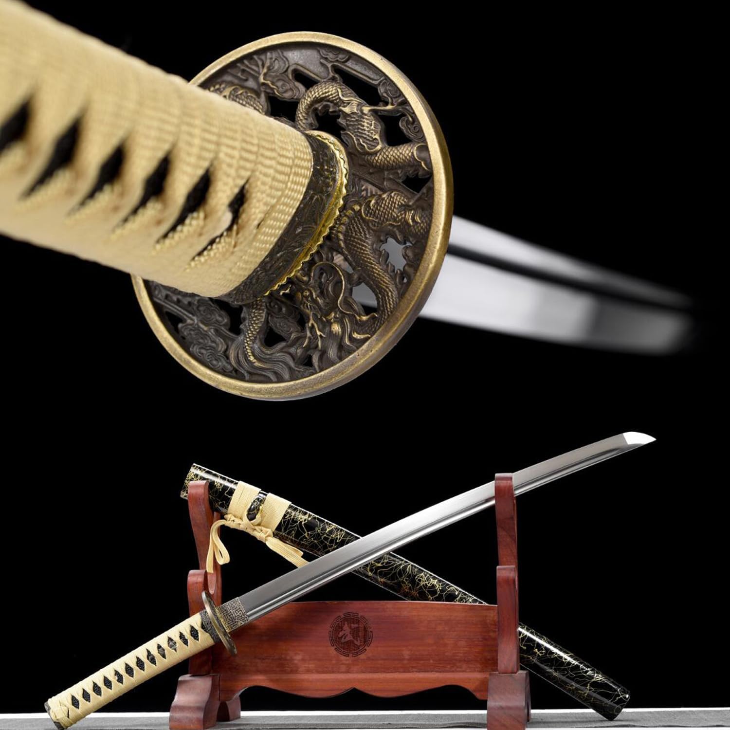 HERO SWORD Handmade Combat Ready High Carbon Steel Wakizashi Sword Authentic Japanese Dragon Samurai Sword Middle Katana Real Sharp for Mens Black Gold