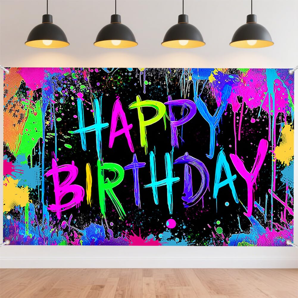 CRAFTYMELODY Happy Birthday Banner 70.9x43.3 Inch Graffiti Splash Banner Backdrop Neon Birthday Party Wall Banners Yard Sign Indoor Outdoor with Grommets 3.2 Yard String for Party Decoration Supplies