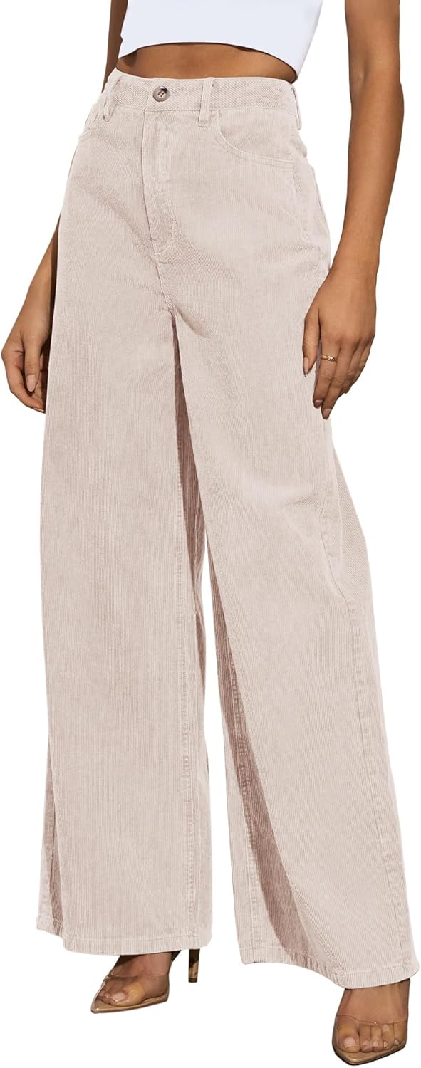 Kocowoo Corduroy High Waisted Wide Leg Pants for Women Dress Pants,Elastic Waist Casual Corduroy Straight Trousers