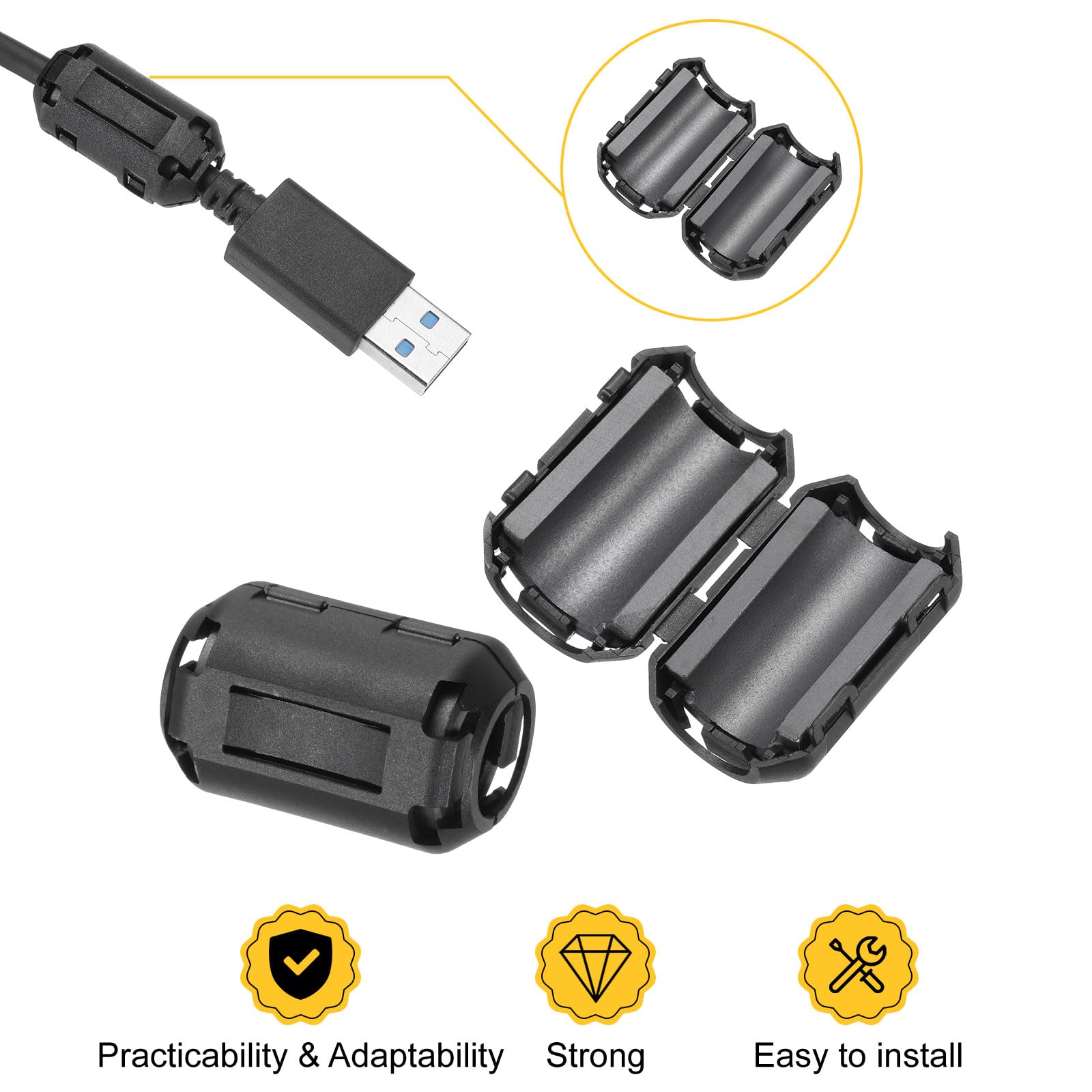 QUARKZMAN 60Pz 4 Misure Clip-on Ferrite Ring Core, Ferrite Beads EMI RFI Noise Cable Clip per Cavi da 5mm/7mm/9mm/13mm Diametro, Nero