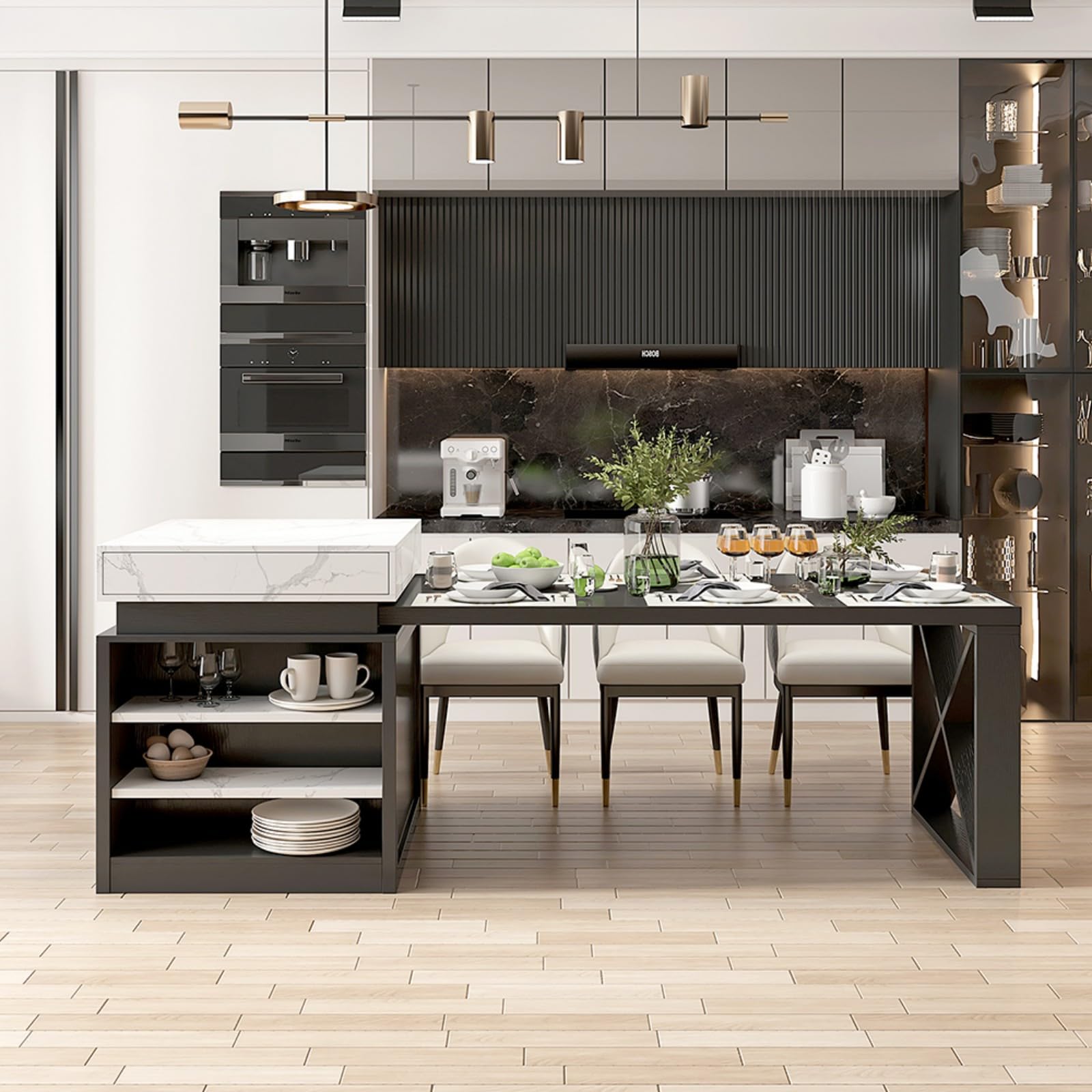Homary Isla de Cocina Extensible con Almacenamiento múltiple para Cocina y Comedor, hacia la Derecha 185-235cm x 90cm (Blanco Mate y Negro)