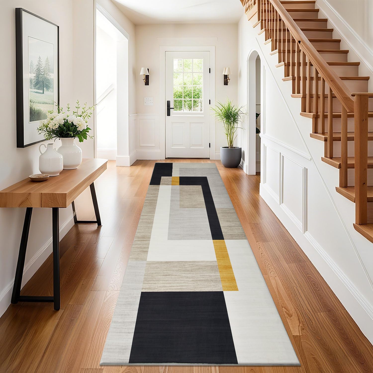 Hafaa Carpet Runners for Living room Black and Yellow Runner Rugs for Hallway Non-Slip long 80 x 300 cm – Geometric Pattern Modern Low Pile Bedroom Carpet (Milo)