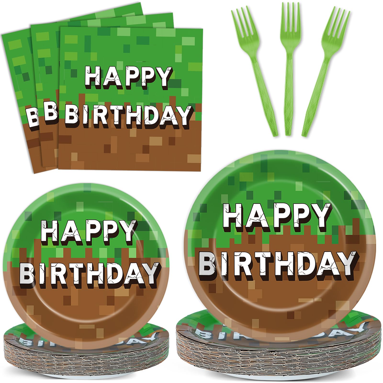 100 PCS Pixel Happy Birthday Party Plates and Napkins Decoration Pixel Theme Disposable Party Tableware Set Includes Video Game Paper Plates Set and Video Game Napkins Gamer Supplies Server 25 Guests