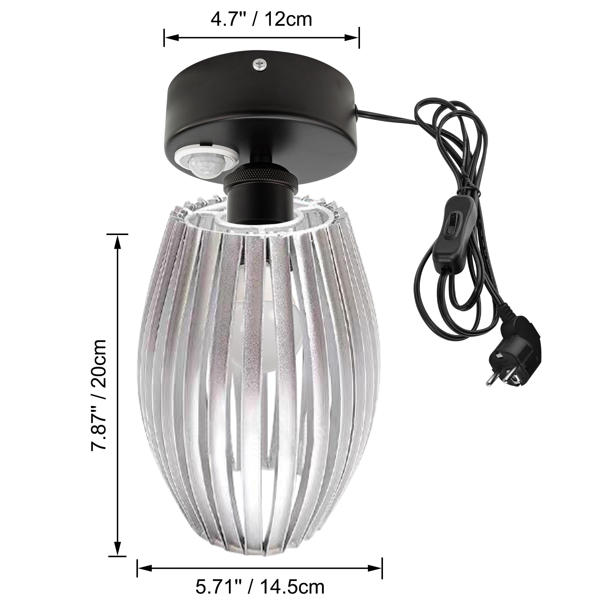 Plafoniera con sensore di movimento interno, lampada da soffitto in ferro industriale, sensore di movimento radar con cavo da 4,5 m e portalampada E27, per corridoio, bagno, scale, garage