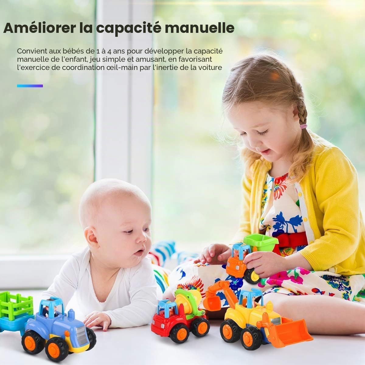 MOONTOY Voiture Enfant 2 Ans,Voiture Friction Jouets pour Garçon Fille,Set de 4 avec Tracteur,Bulldozer,Mixeur de Camion et Camion,Cadeau 1 2 3 Ans