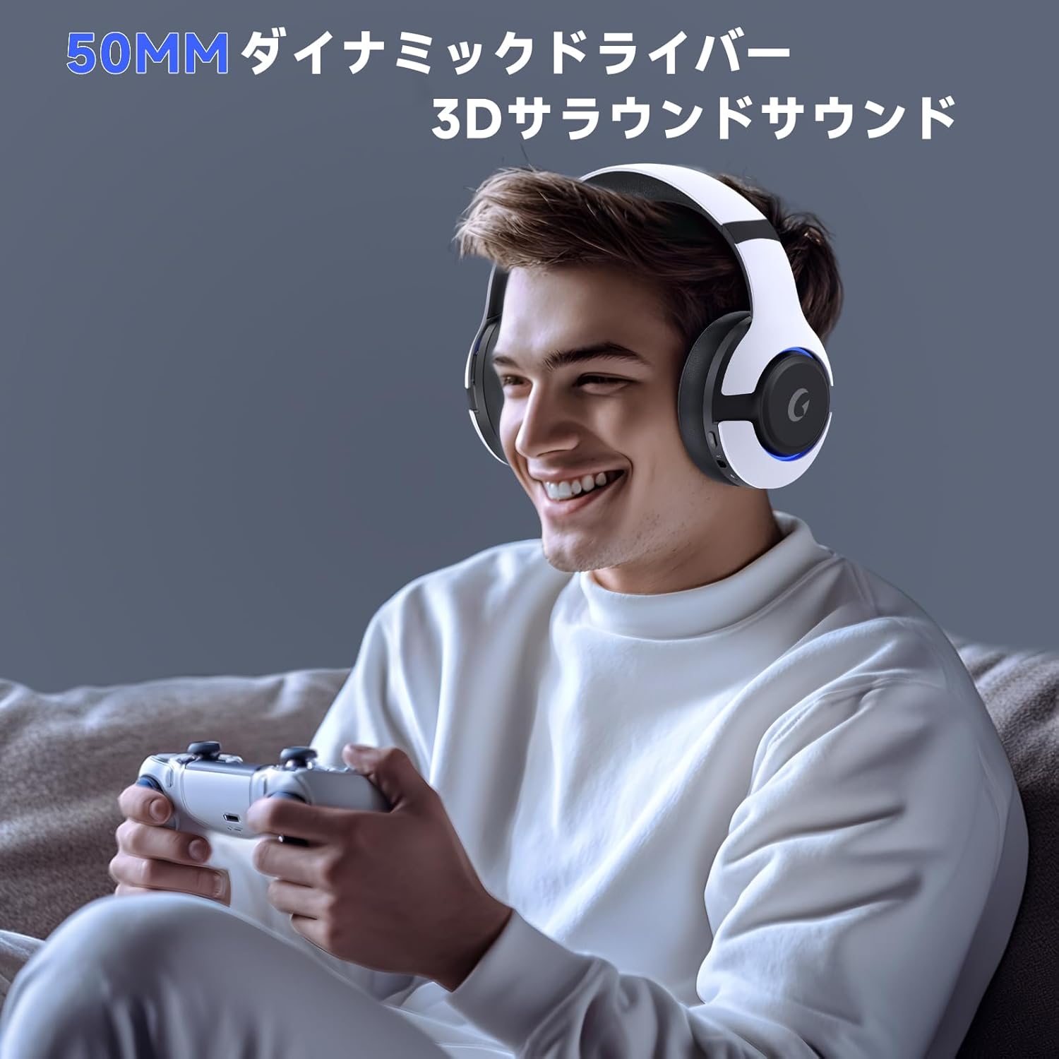 Close-up of the headset's multi-function button, illustrating single click for mic mute, double click for RGB color change, and long press for RGB off.