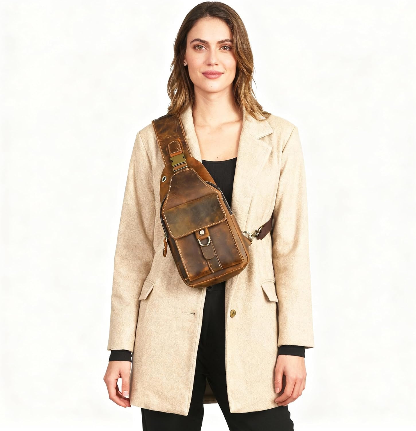 Genuine Leather Hiking Travel DayPack Sling Crossbody Triangle Chest Pack Bag For Men Women 8241