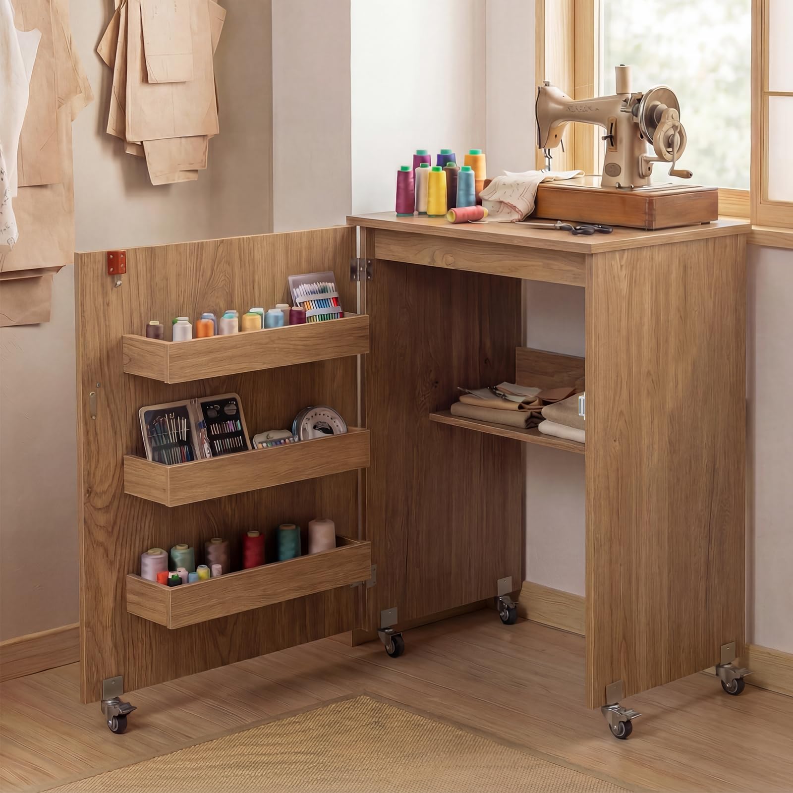 GIANTEX Nähtisch klappbar, Nähmaschinentisch auf Rollen, Nähtisch für Nähmaschine, Nähschrank Holz, Mehrzwecktisch für Wohnzimmer Arbeitszimmer Schlafzimmer (Eiche)