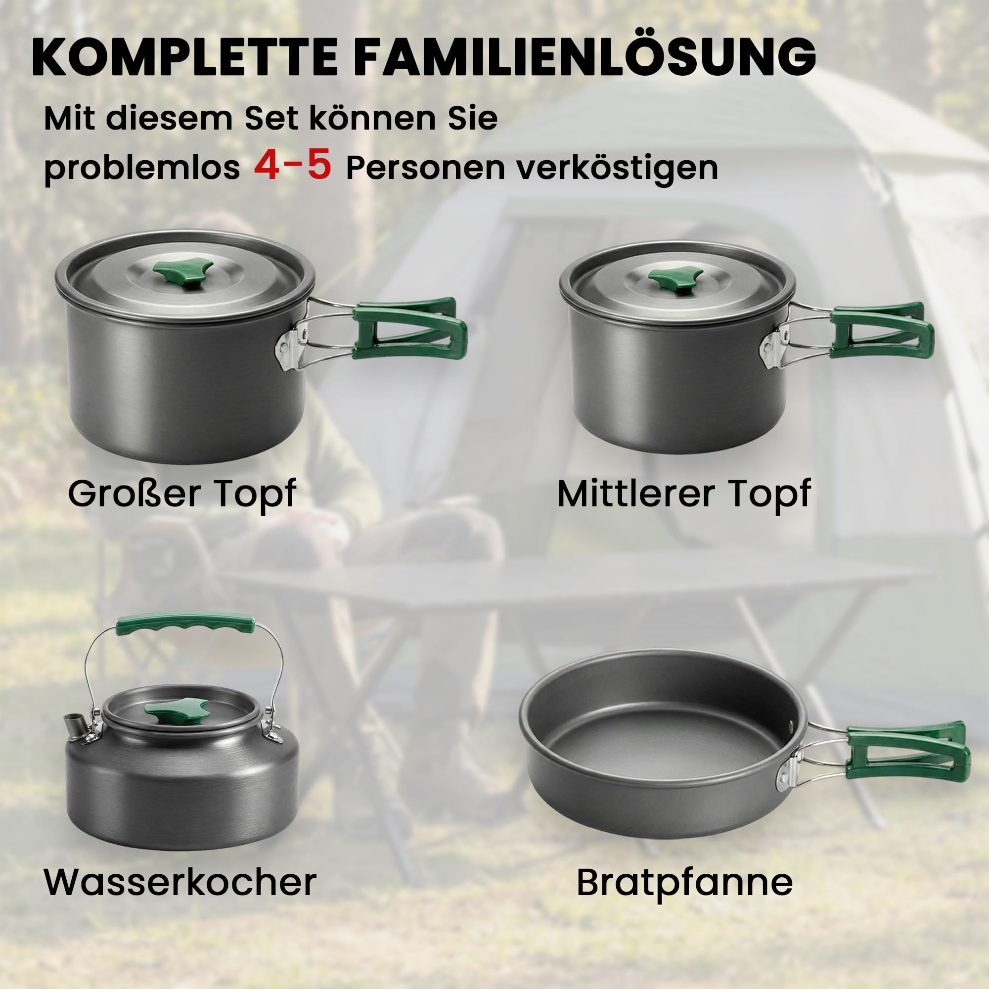 Outsunny Camping Kochgeschirr Set mit Anti-Verbrühungsgriffen Topf Grau | 5-Teiliges Outdoor Geschirr, Pfanne, Tragbares Kochtopf Set, für 4-5 Personen, für Outdoor Wandern Picknick BBQ