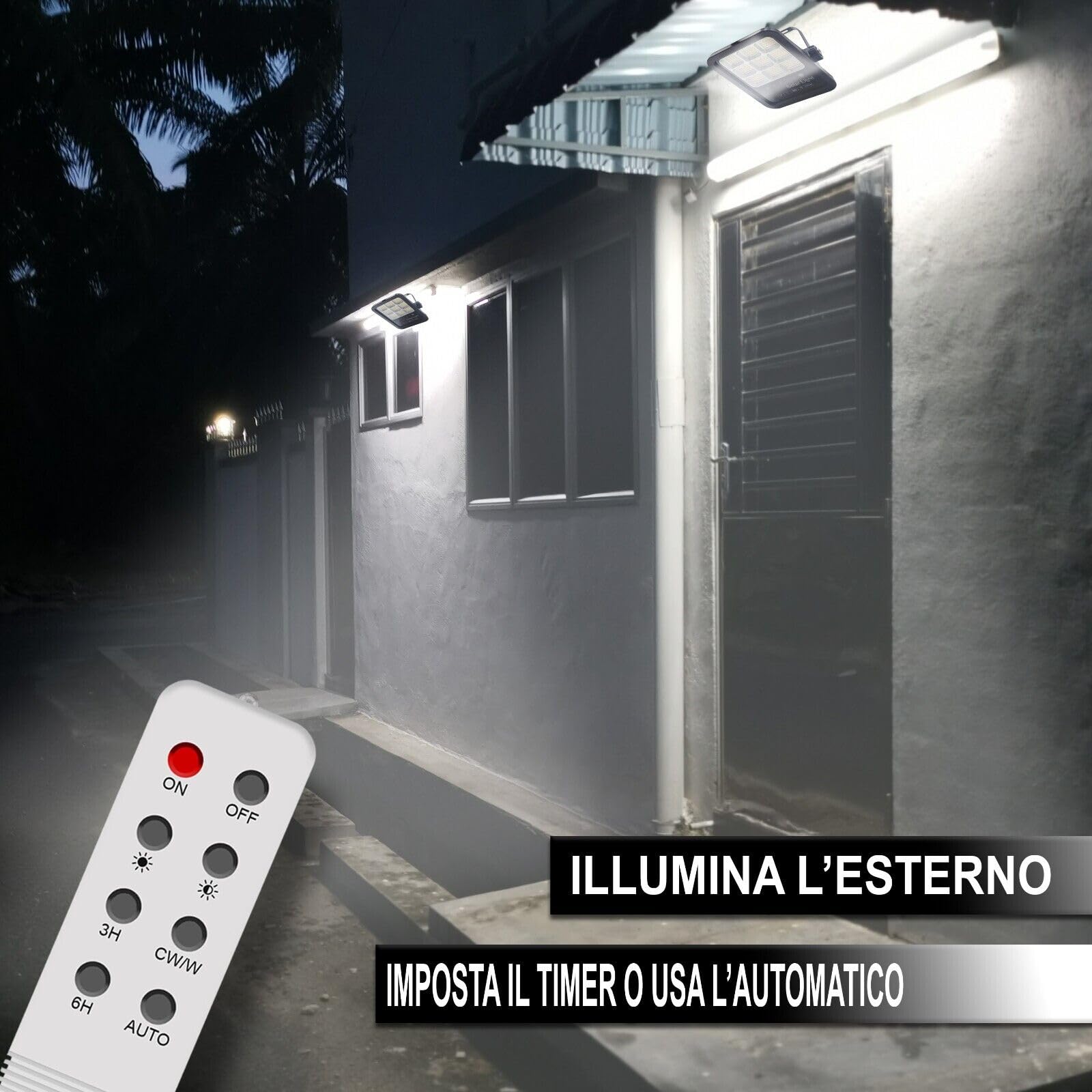 Faro Solare da Esterno 100W con Pannello Solare Monocristallino Led Esterno Impermeabile IP67 336 Macro Leds Faro Luce Fredda 6500K 10 Ore Autonomia Sensore Crepuscolare Supporti (U)