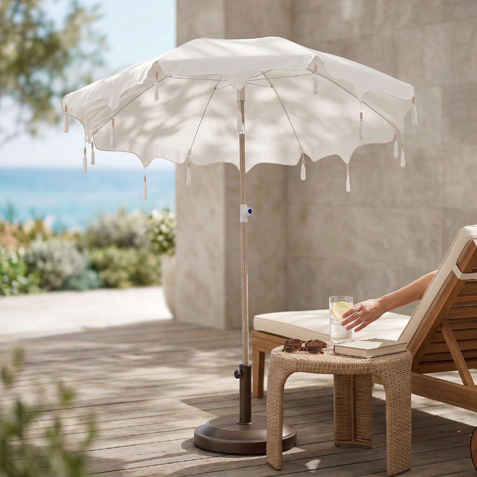 banapoy Ombrellone Patio con Nappa Protezione Solare per Giardino Spiaggia | Baldacchino portatile Boho Macrame con frange UV50 per piscina, cortile, picnic, balcone, appartamenti, festa nozze