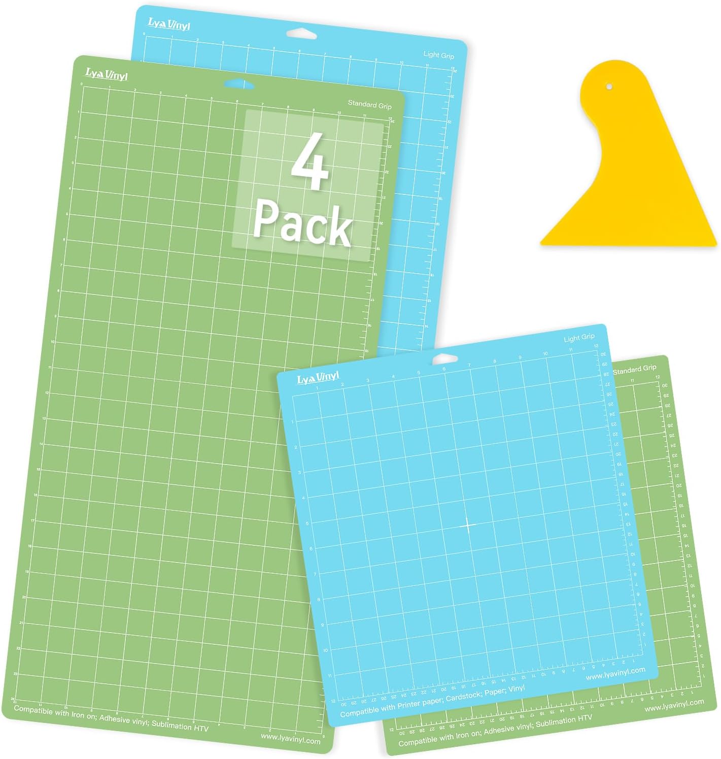 Lya Vinyl4 Pack Variety Cutting Mats - 12x12 & 12x24, StandardGrip & LightGrip for Cricut Explore Air Series