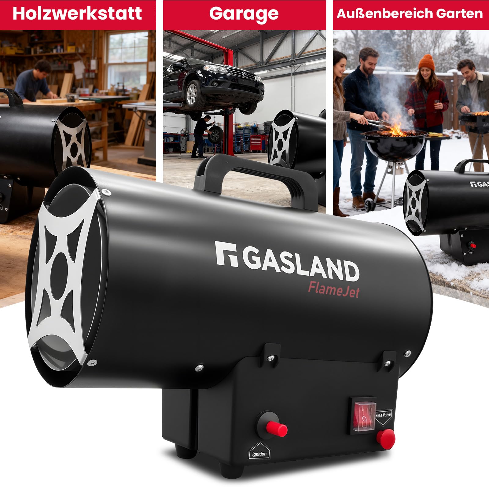 GASLAND FlameJet 15 kW Gas Heizstrahler mit 700 mbar Druckreduzierventil,Outdoor Gasheizgerät, Konvektionsheizung, Turbogebläse, Überhitzungsschutz