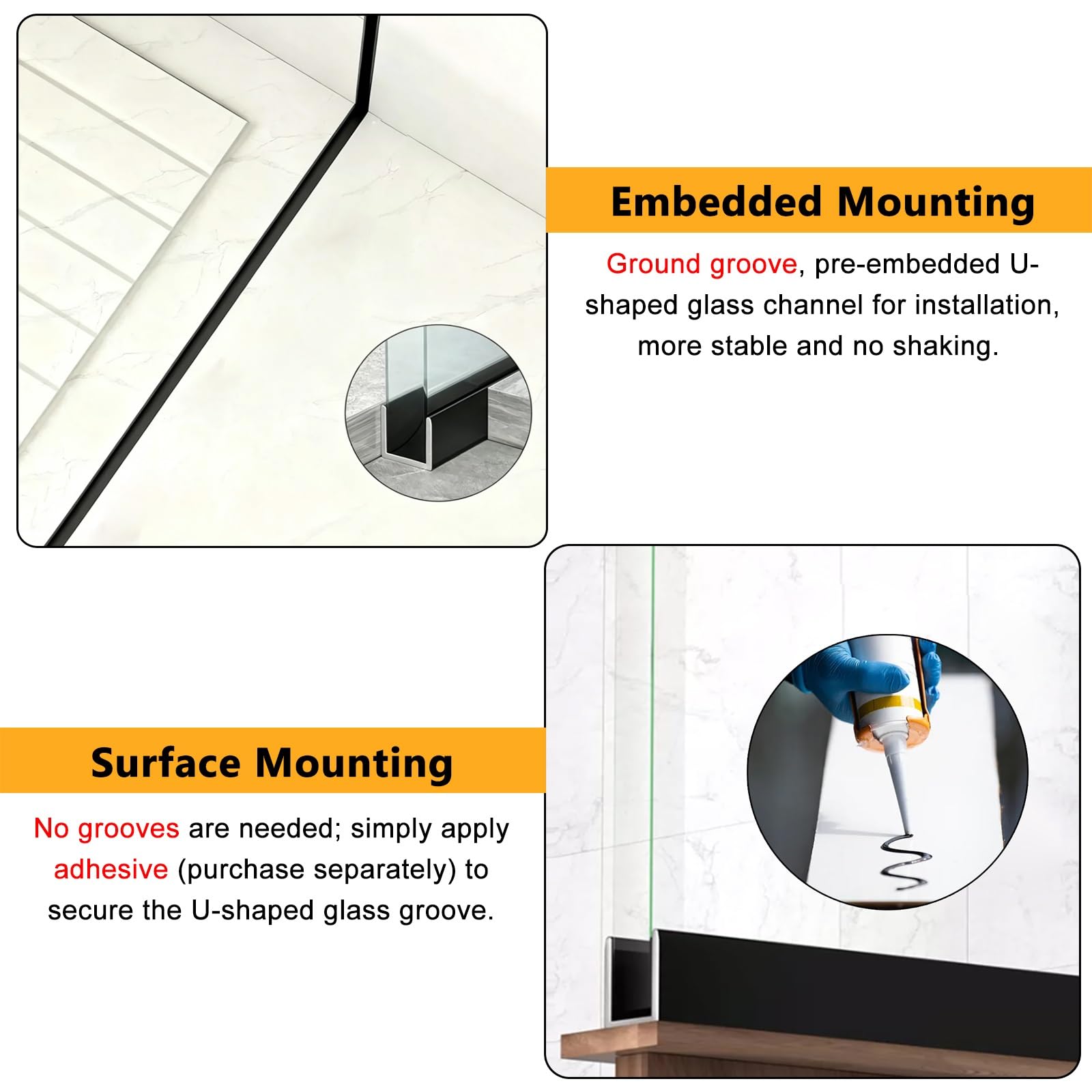 Cabinas de ducha de panel fijo con canal en U para vidrio de 6 a 12 mm de grosor, inserciones de puerta de partición de balcón, baño, cocina, perfil de montaje en suelo, paquete de 10
