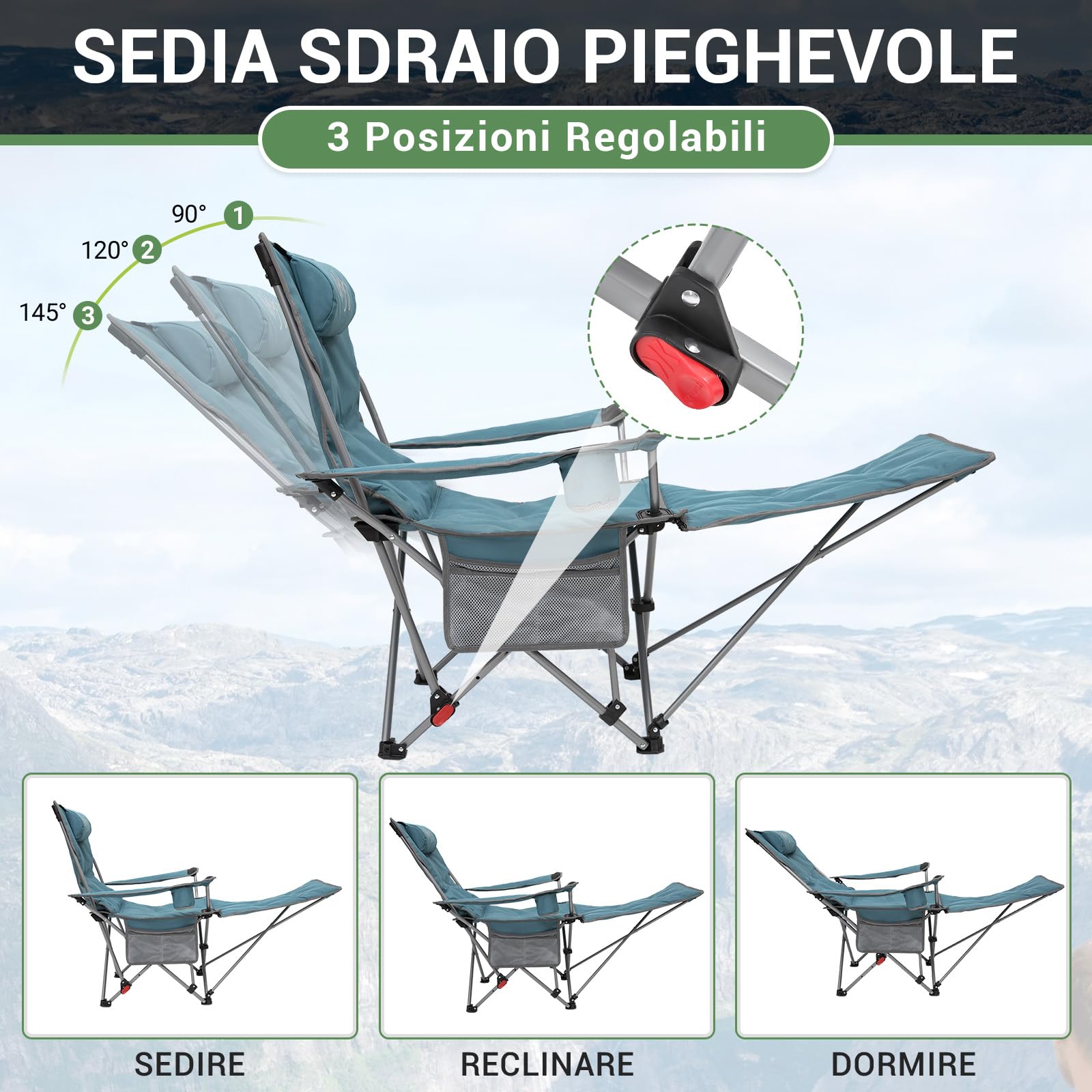 #WEJOY Sedia da Campeggio Pieghevole Reclinabile Imbottito, Sedia Sdraio da Spiaggia Portatile, Schienale Regolabile, Poggiapiedi Staccabile, Sedia Pieghevole per Giardino Interno Esterno, Cyan