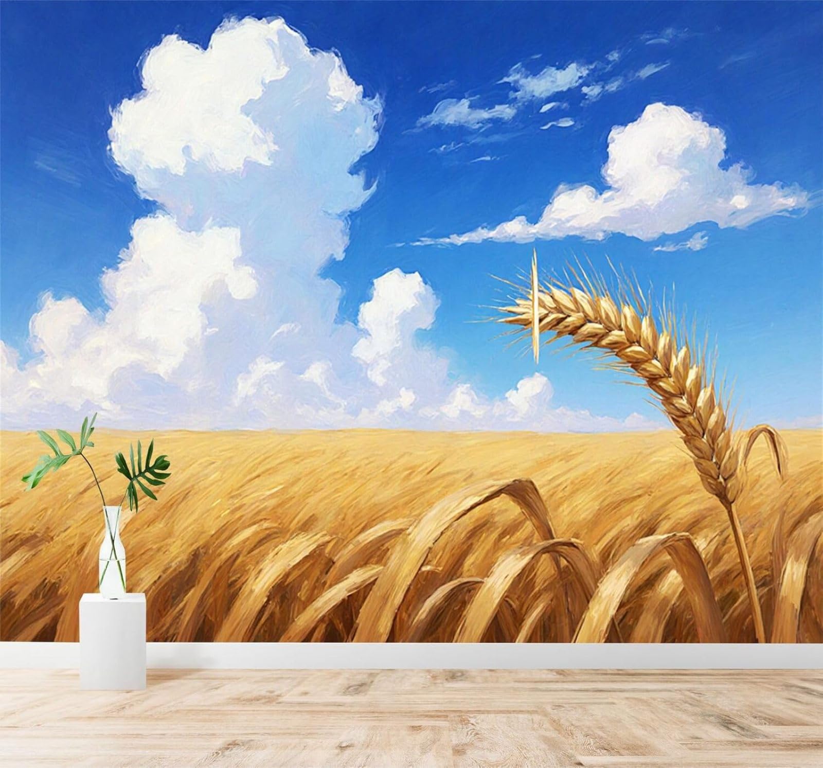 Xlming 150Cm×105Cm(B×H) Three Dimensional Autumn Golden Wheat Field Blue Sky White Clouds 3D Wallpaper Silky Texture Home Study Office Grey Dining Room Sofa Bedroom Living Room Tv Backdrop-150Cm×105Cm