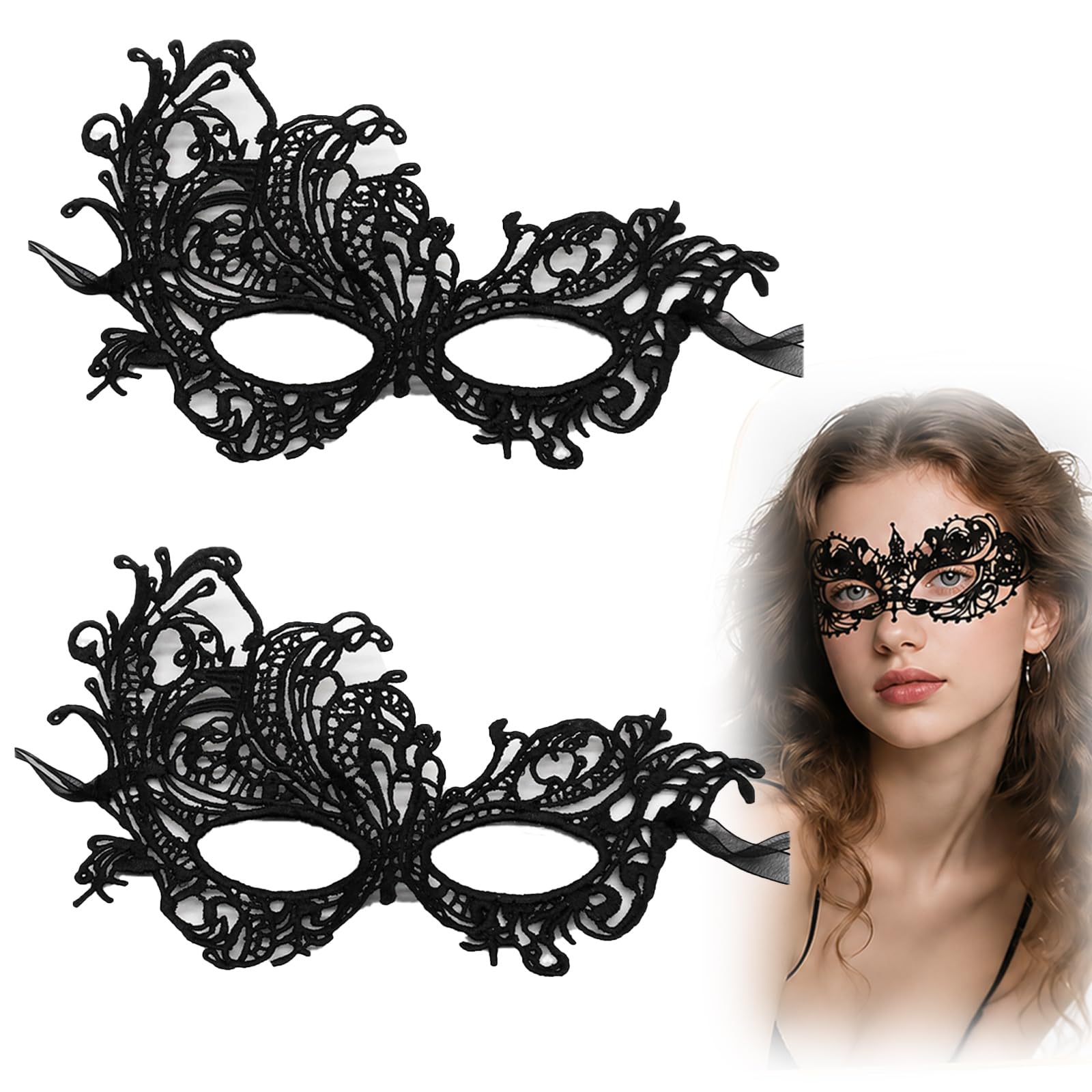 RubyTint 2-Pack Lace Venetian Masquerade Masks for Adults, Black