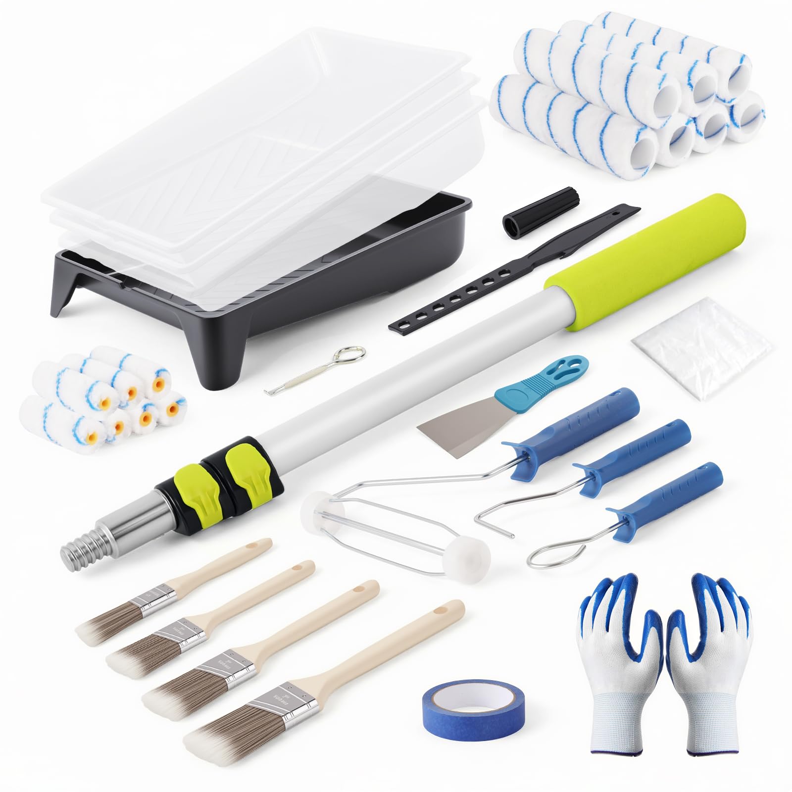 Housolution 33PCS Paint Roller Kit with 2–4 FT Extension Pole, 4 Inch 9 Inch Microfiber Paint Roller, 4 Brushes, Painters Tape, Drop Cloth, Professional Painting Supplies for Walls Ceilings and Home