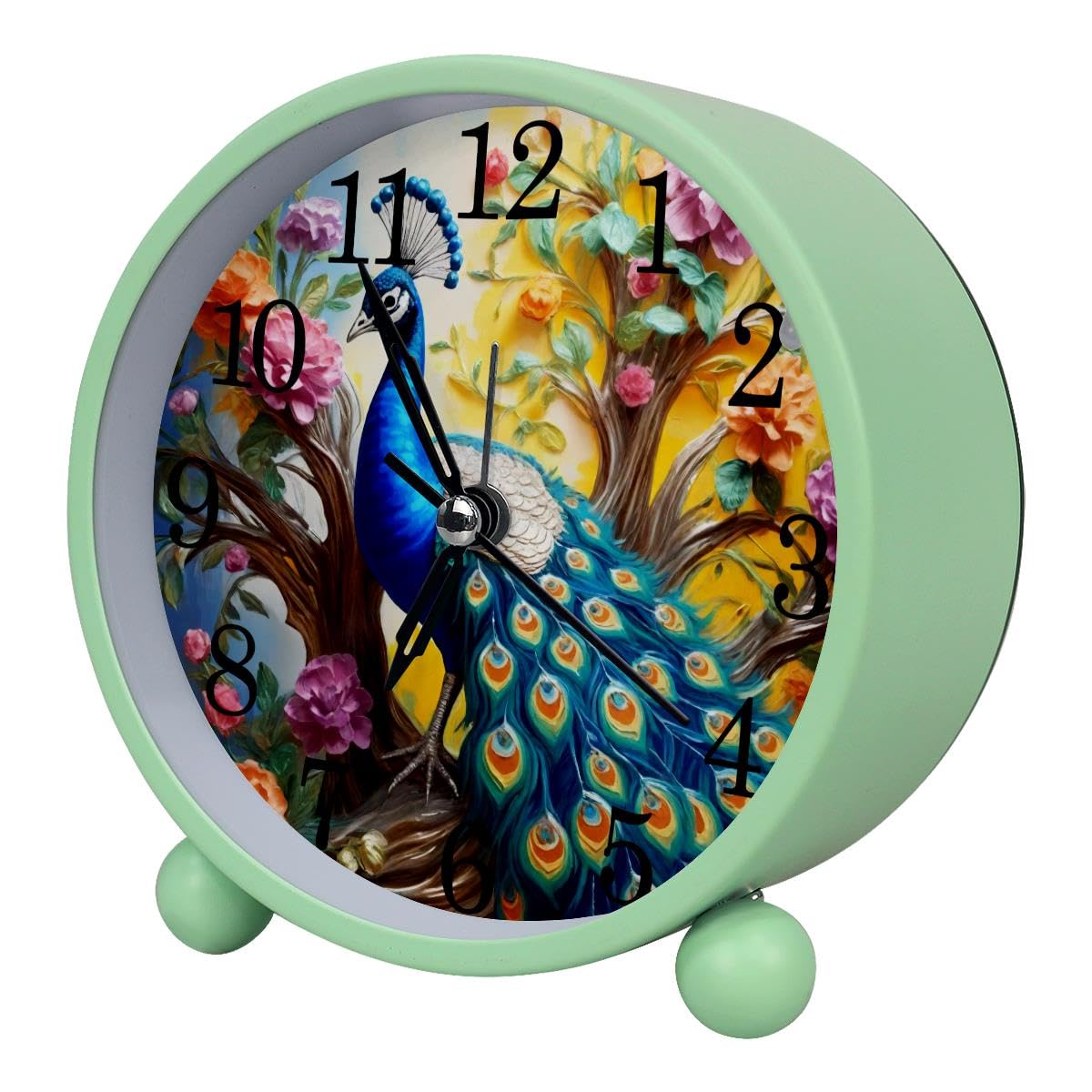 Alarm Clock 3D Peacock Floweres, Silent Non-Ticking with Night Light