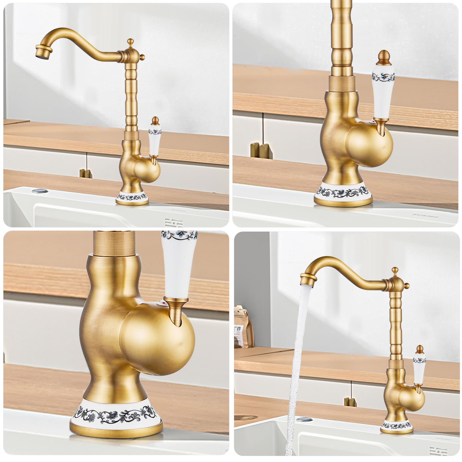 Grifo para Lavabo de Baño, Monomando Vintage de Cerámica, Estilo Retro Dorado, Latón Antiguo, con Manguera Flexible