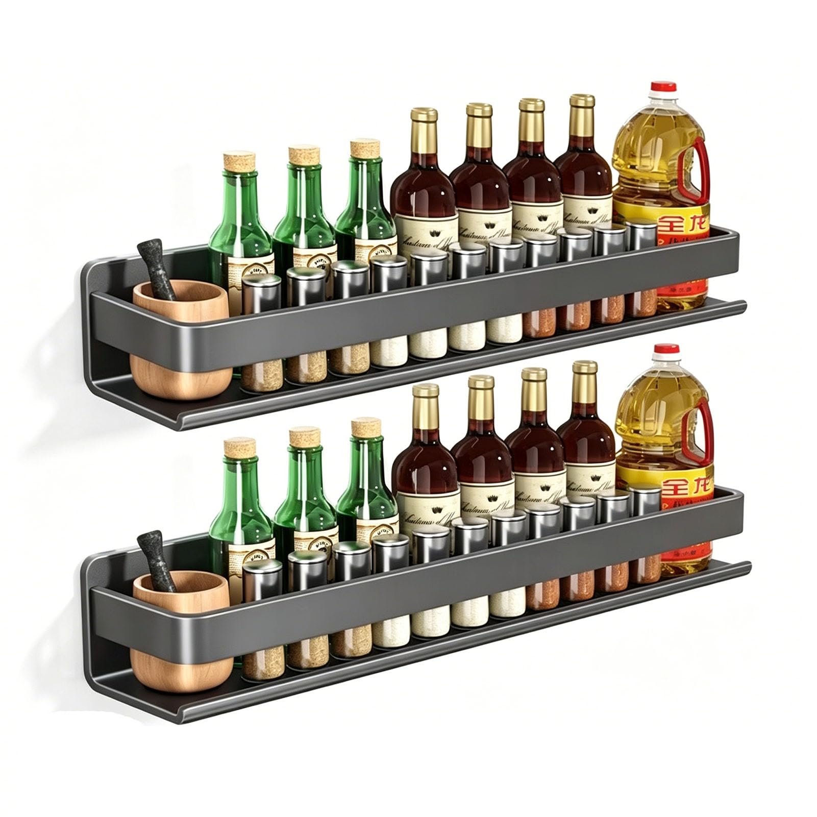 TBATM 2 -Tier Spice Rack, No-Drill Adhesive Iron Spice Organiser, Wall Mounted Rack, Kitchen Cupboard Storage Shelf for Jars and Herbs,50cm