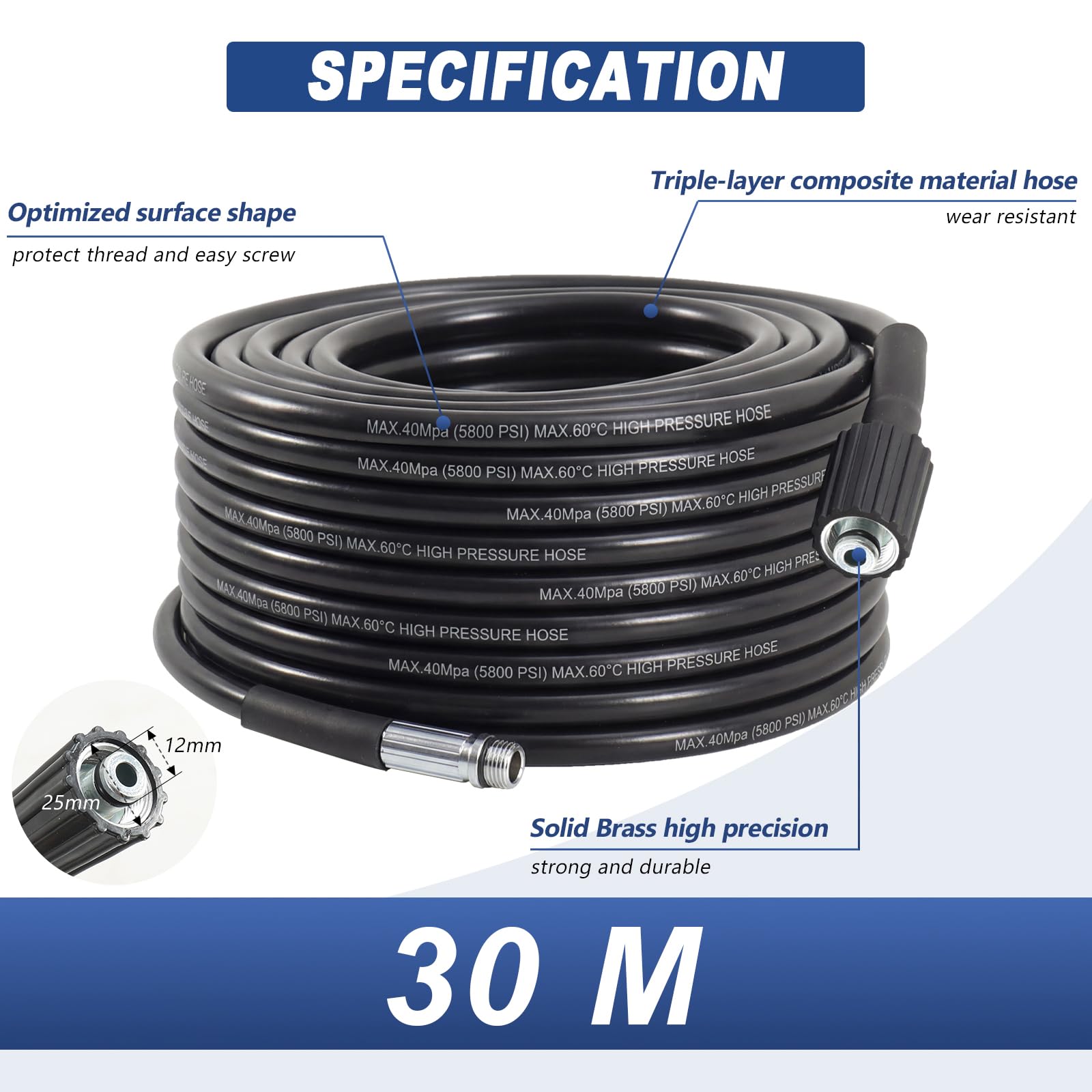 30M Déboucheur Canalisation Haute Pression, Furet Deboucheur Canalisation 5800 PSI/400 Bar, Tuyau de Nettoyage Pression avec 5 Buses et Adaptateur, Compatible avec Karcher K2-K7