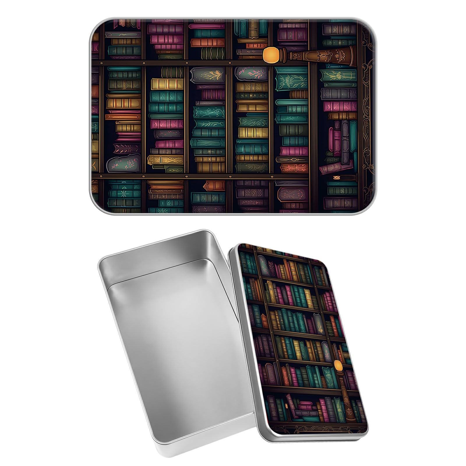 Rectangular Metal Tin Box with Removable Lid, Library Decorative Printed Metal Storage Container for Sweets Jewelry Tea Candies Cakes 7 x 4.33 x 2.17 inch– Single Pack