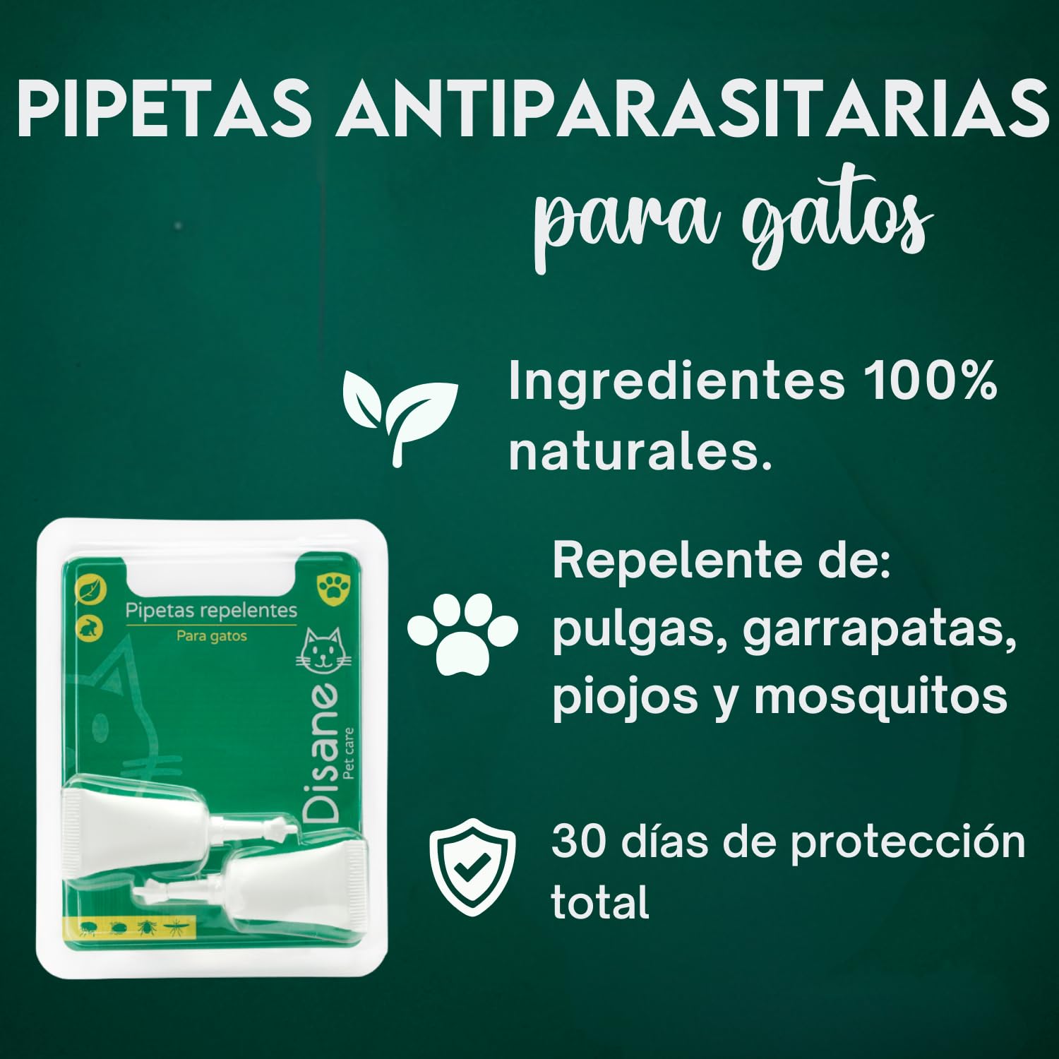 DISANE Pipetas Antiparasitarias para Gatos 100% Naturales | 2 Uds | 2 Meses de Protección contra Insectos y Parásitos: Pulgas, Garrapatas y Mosquitos | Antipulgas Sin Toxicidad para el Gato