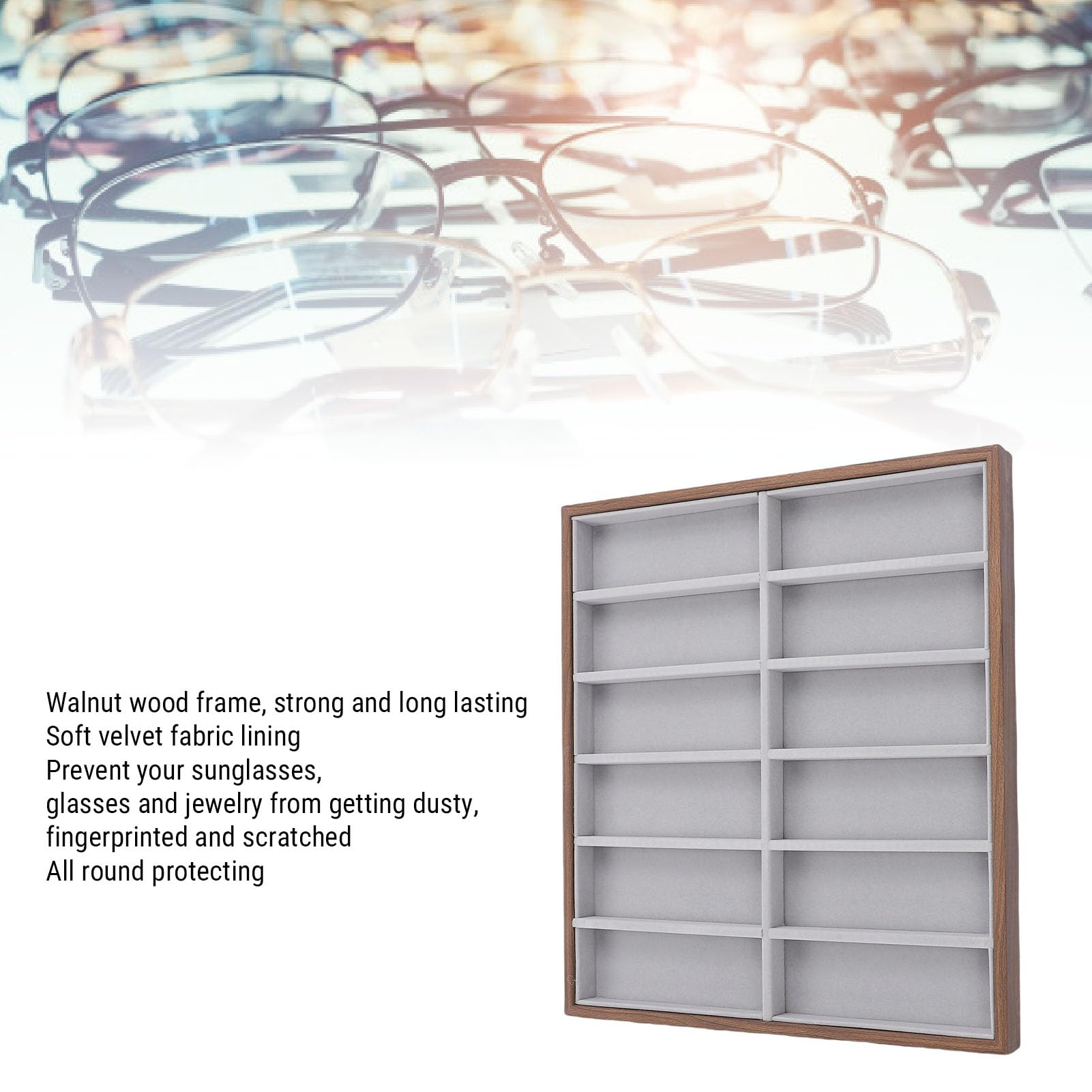 Fockety Scatola Organizer per Occhiali, 12 Griglie Organizer per Occhiali da Sole Organizer per Occhiali Vassoio Portaoggetti per Occhiali da Sole con Venature del Legno per Occhiali,