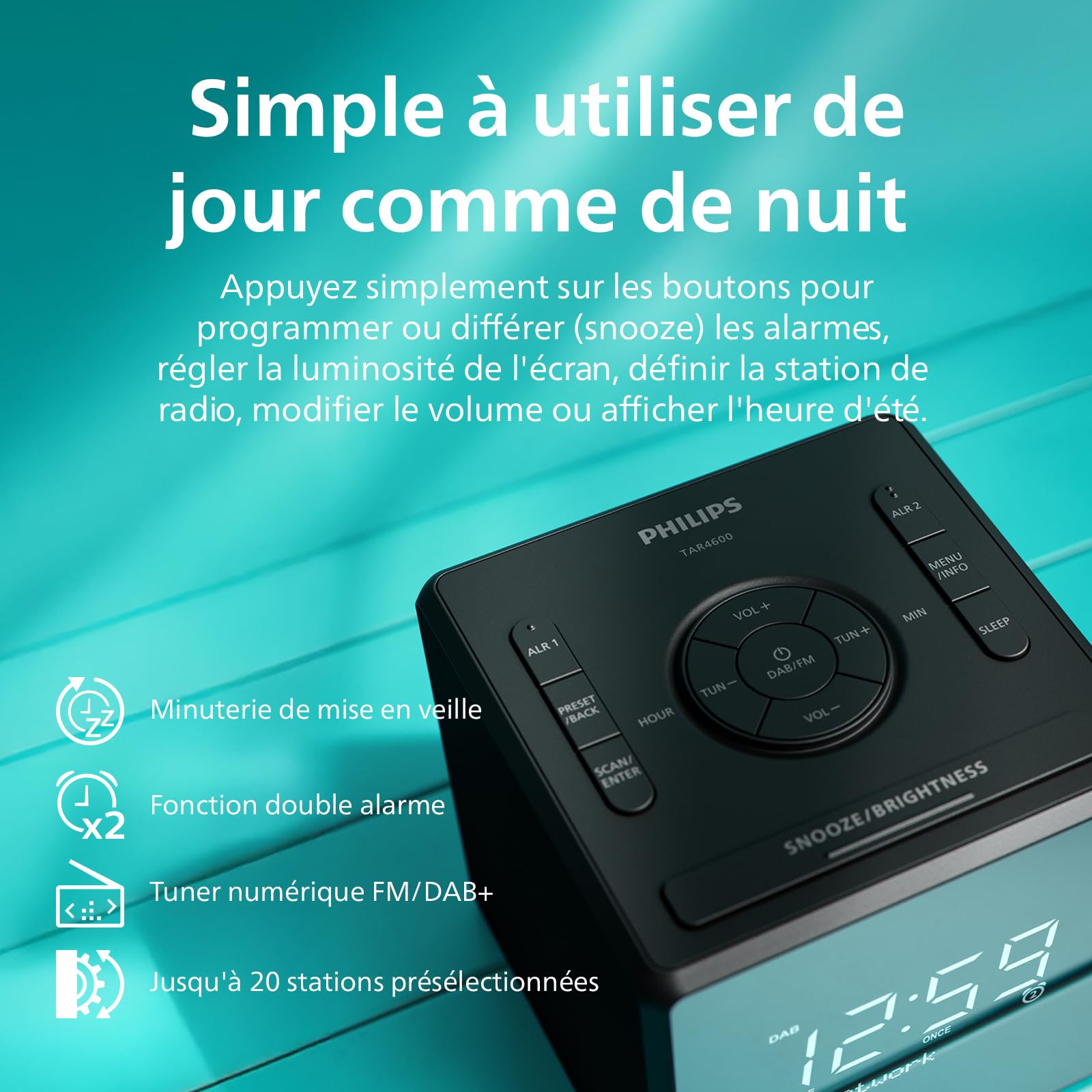 Philips TAR4600 Radio-réveil Dab/FM à Double Alarme avec Port de Chargement USB-C