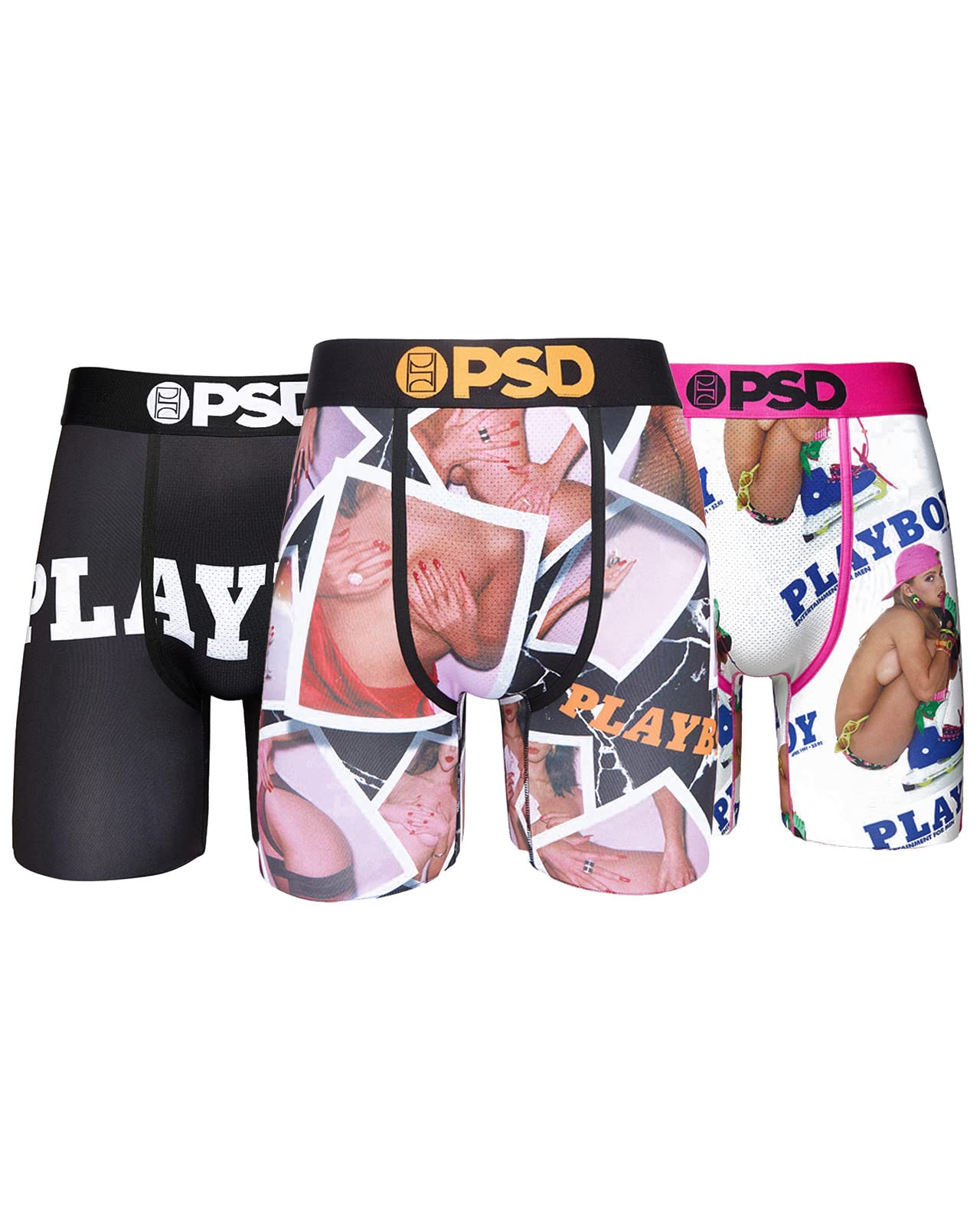 Psd Men's Multi | Playboy 3Pk Underwear Stretch Elastic Wide Band Boxer Brief Underwear - Pack Pack, Multi/Playboy 3Pk, Xl