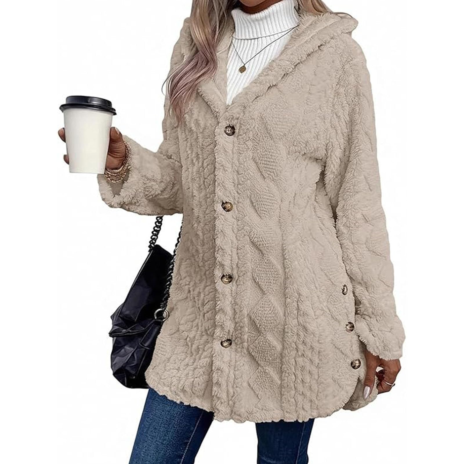 Womens Fall Winter Warm Fashion Jacquard Hooded Cardigan Long Sleeve Coat for Casual Daily Wear