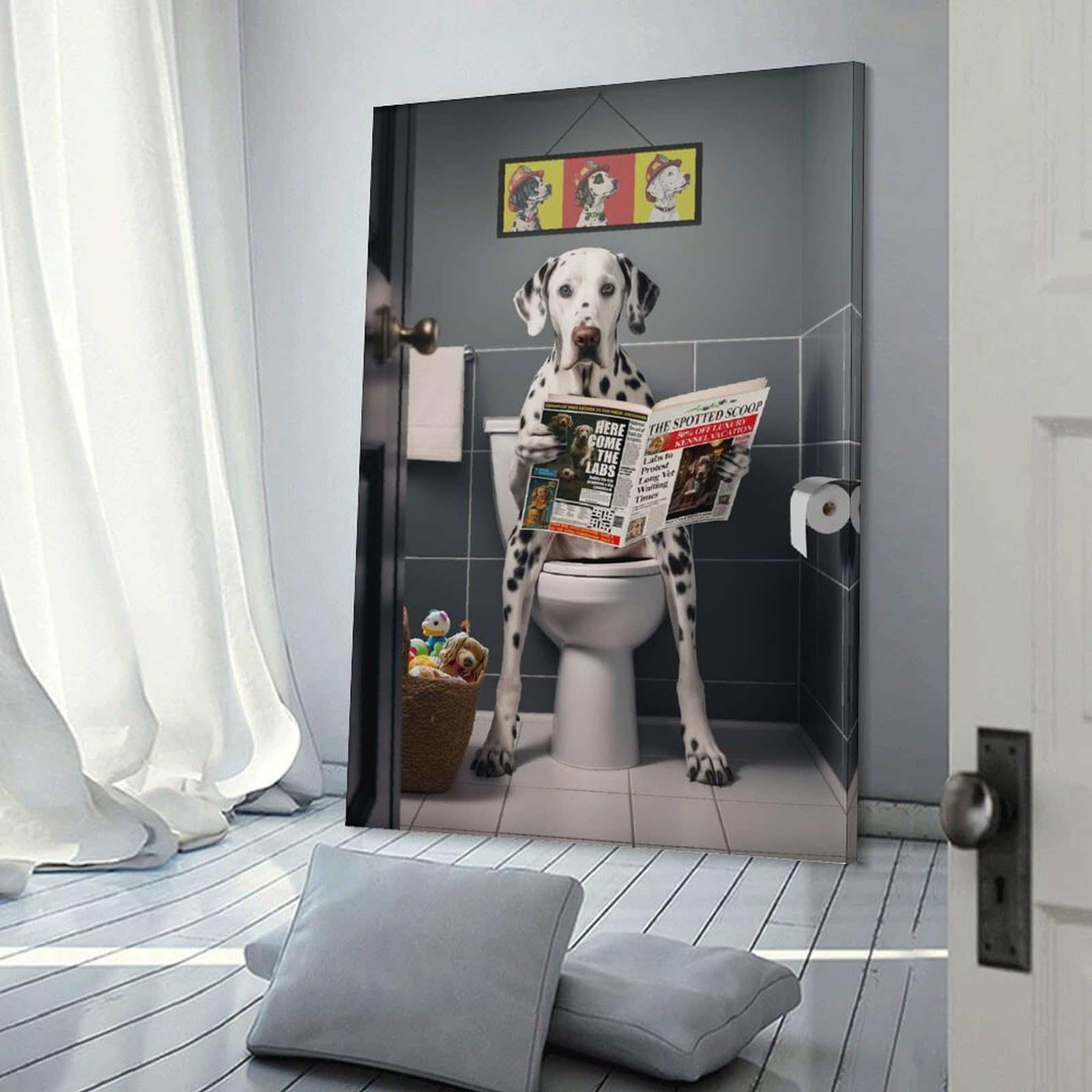Junmoney Canvas Wall Decor Dalmatian on The Toilet, 20x30inch(50x75cm), for Living Room, Bedroom, Office Or Hallway, Decorative Artwork with Broad Appeal