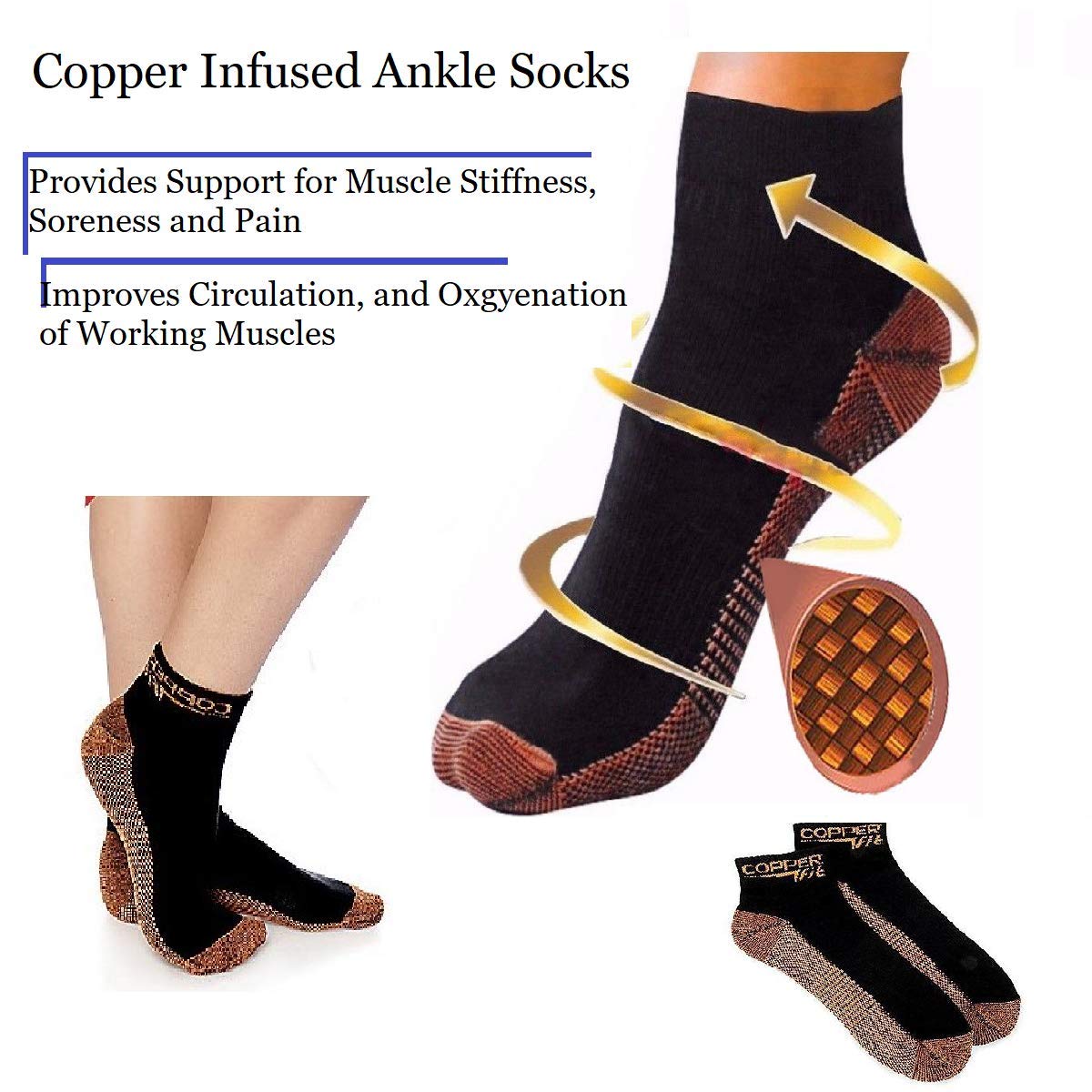 Copper Ankle Compression Socks, Improves Circulation, relieves Plantar Fasciitis, Foot Swelling and Ankle Pain, Breathable, Men and Womens, Two Sizes, (L/XL, 7-11, EU 41-46)