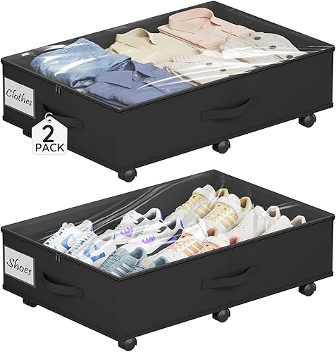 Almacenamiento debajo de la cama con ruedas, paquete de 2 contenedores de almacenamiento debajo de la cama con tapas transparentes, contenedores