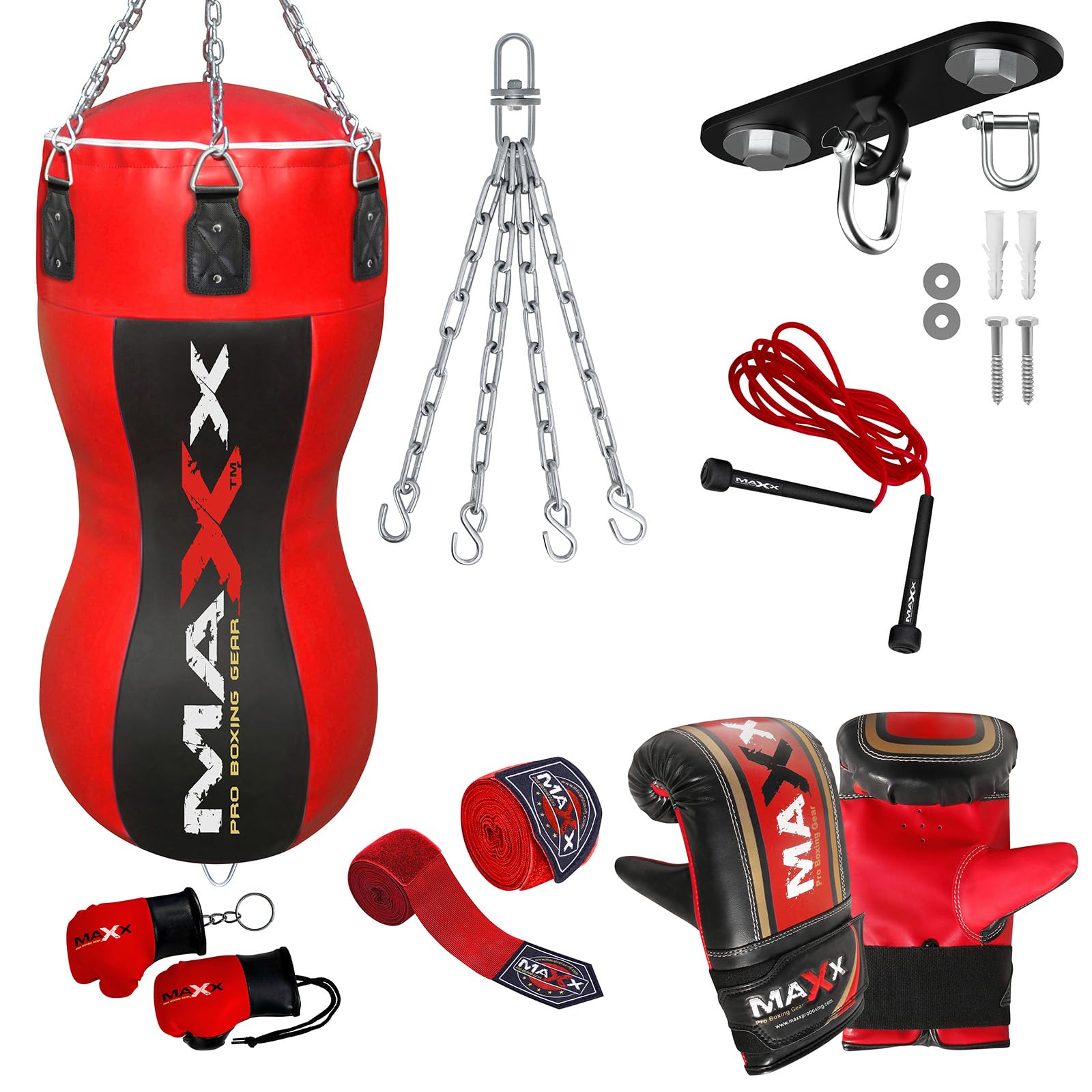 Maxx Black/Red Heavy Duty Punch Bags - Uppercut, Triple, Angle, Wrecking & More (Body Bag, BAG +10PCS SET WTH HOOK)