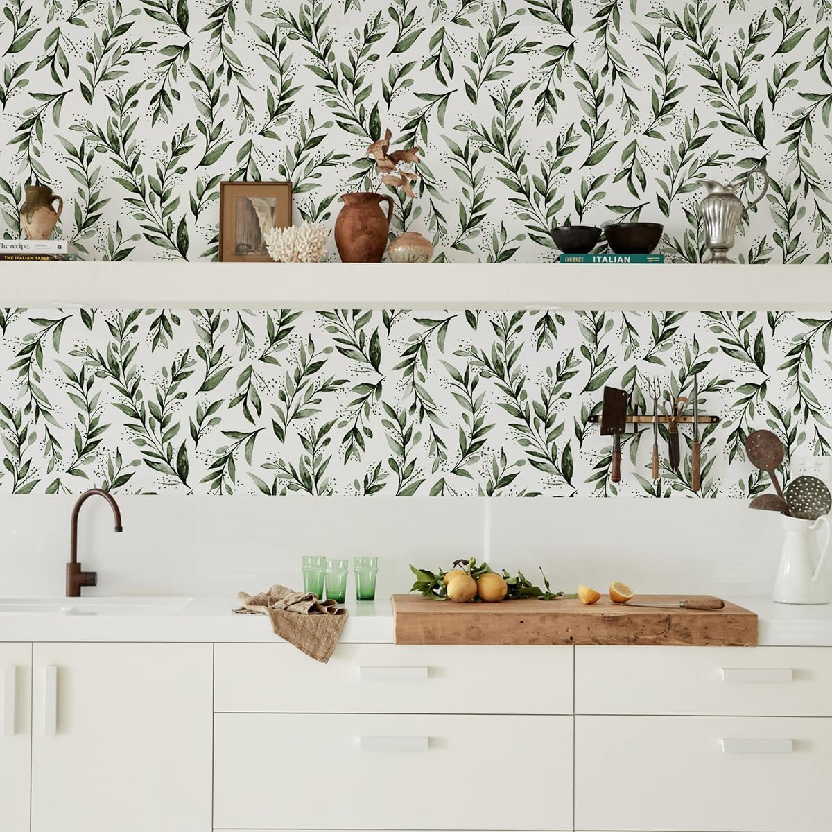 Livebor Green Leaf Wallpaper Peel and Stick Olive Leaf Contact Paper 17.7inch x 590.5inch Green Peel and Stick Wallpaper Modern Farmhouse Wall Paper for Bathroom Neutral Sage Decorative Vinyl