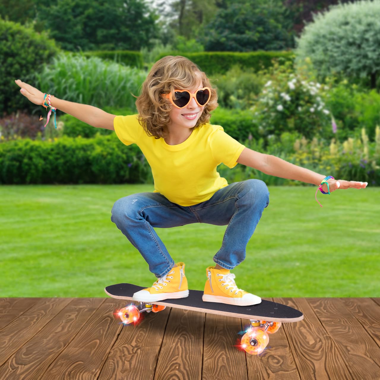 MalPlay Skateboard Holz Leuchtende LED-Räder Deck 71cm Funboard Holzboard Gummi ab 6 Jahren bis 100 kg