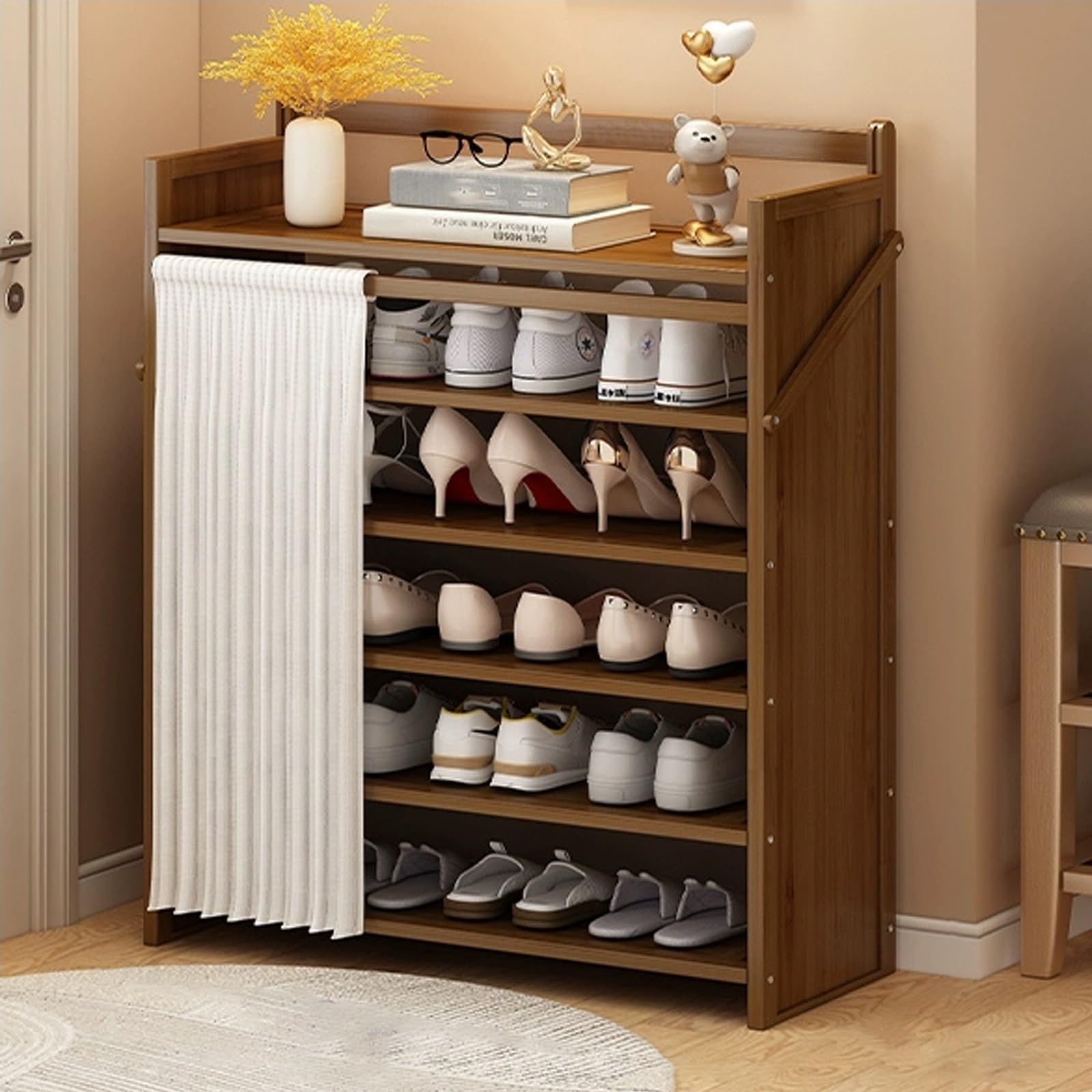 SVFOEBJM Wood lyjc Rack, Folding lyjc Rack, lyjc Cabinet for Entryway, lyjc Cabinet with Curtains, lyjcs Racks for Hallway, Bedroom, Balcony, Kitchen, No Installation