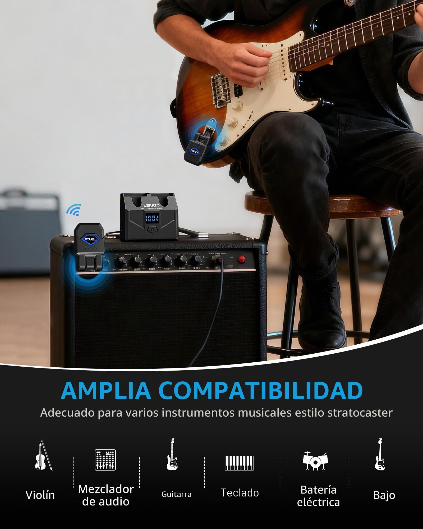LEKATO Sistema de guitarra inalámbrico con estuche de carga, receptor transmisor de guitarra con 15 horas de reproducción, cable de bajo inalámbrico recargable con 4 canales para bajo de guitarra