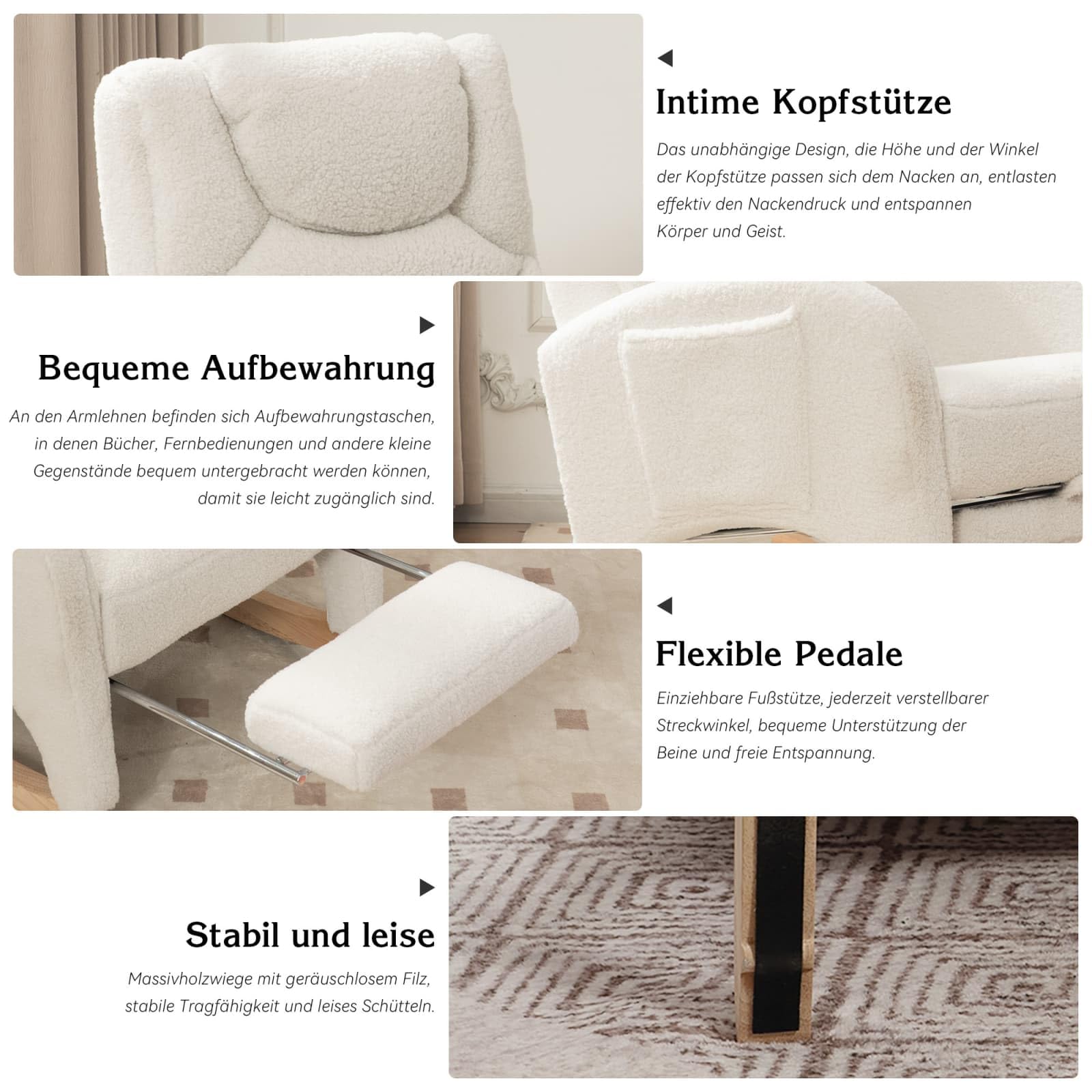 KOMHTOM Fauteuil à Bascule avec Repose-Pieds Escamotable, Fauteuil de Salon avec Structure en Bois et Poche de Rangement Latérale, Tissu Peluche Teddy (Blanc)