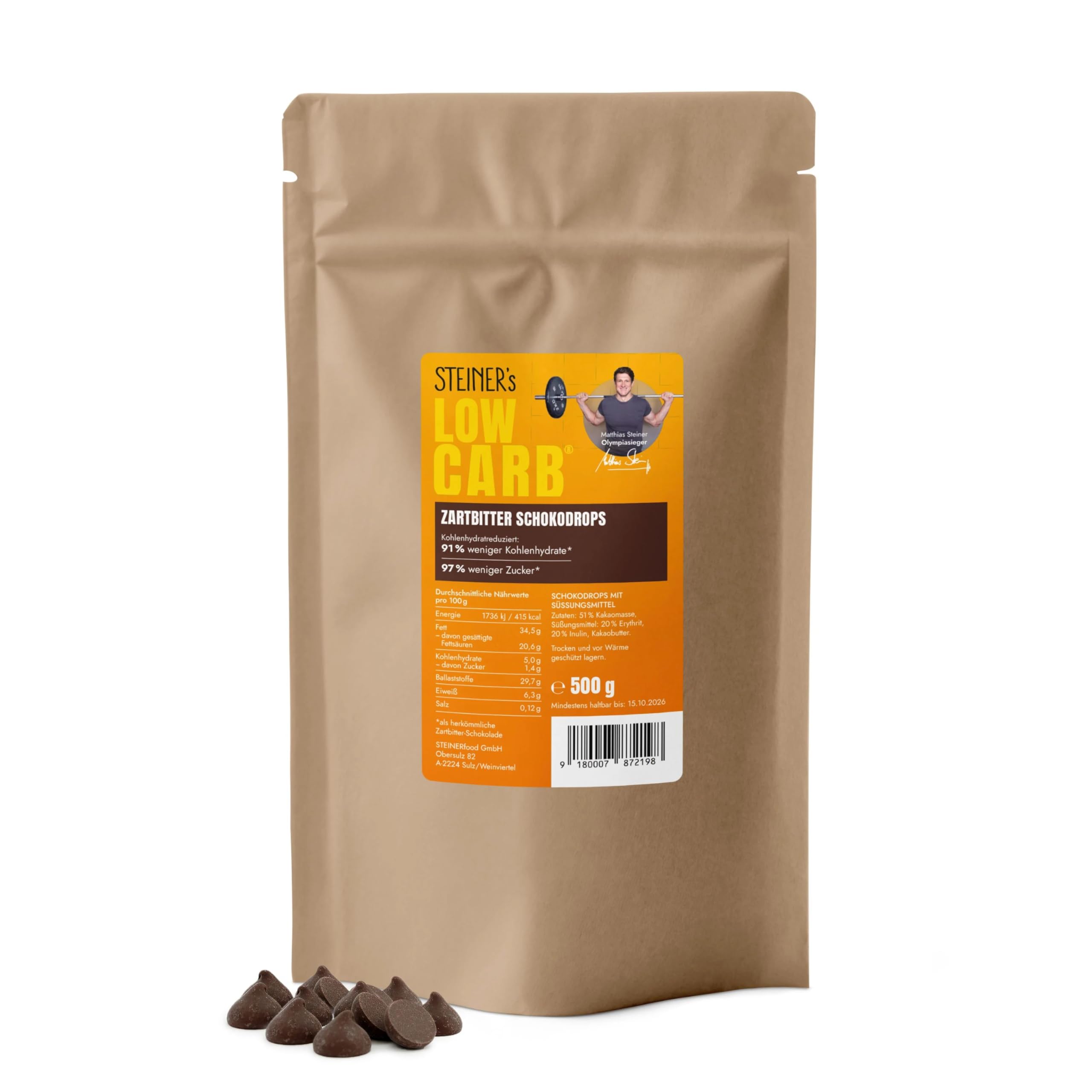 STEINER´s Low Carb Zartbitter Schokodrops (500g) - 91% weniger Kohlenhydrate, 97% weniger Zucker - Mit Erythrit gesüßt, kein Xylit - Für Low Carb, Keto & bewussten Genuss