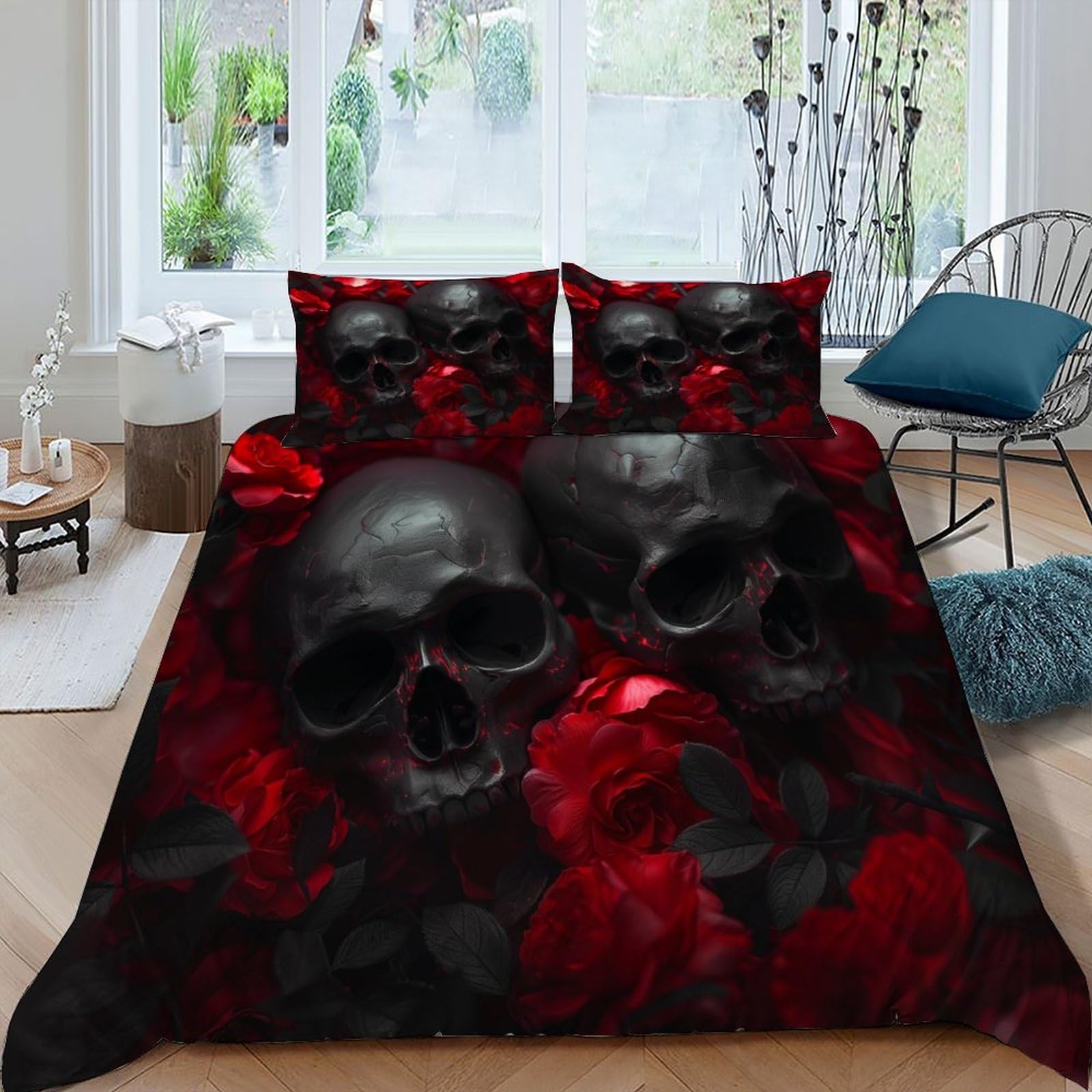 Skull Bedding Set 3D Digital Printing Gothic Duvet Cover Set Pillowcase Microfiber Universal for All Seasons King（220x240cm）