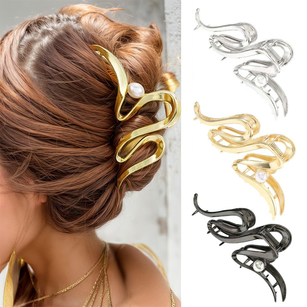 3 Pezzi Mollette Capelli Donna con Perle Ondulate Pinza Capelli Metallo Adatta per Acconciature Raccolte Sulla Nuca
