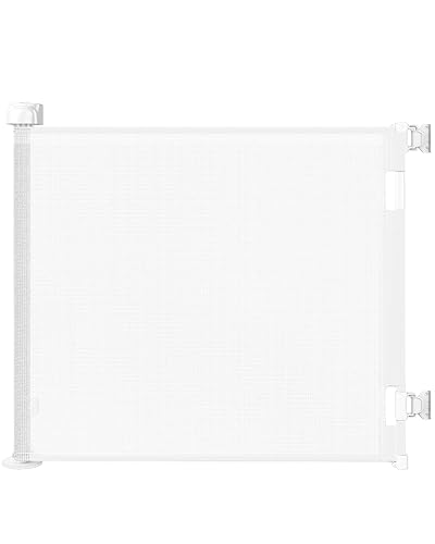 Puerta retráctil para bebés para escaleras y puertas, 55 pulgadas de ancho x 33.6 pulgadas de alto, puerta de malla para perros de fácil instalación