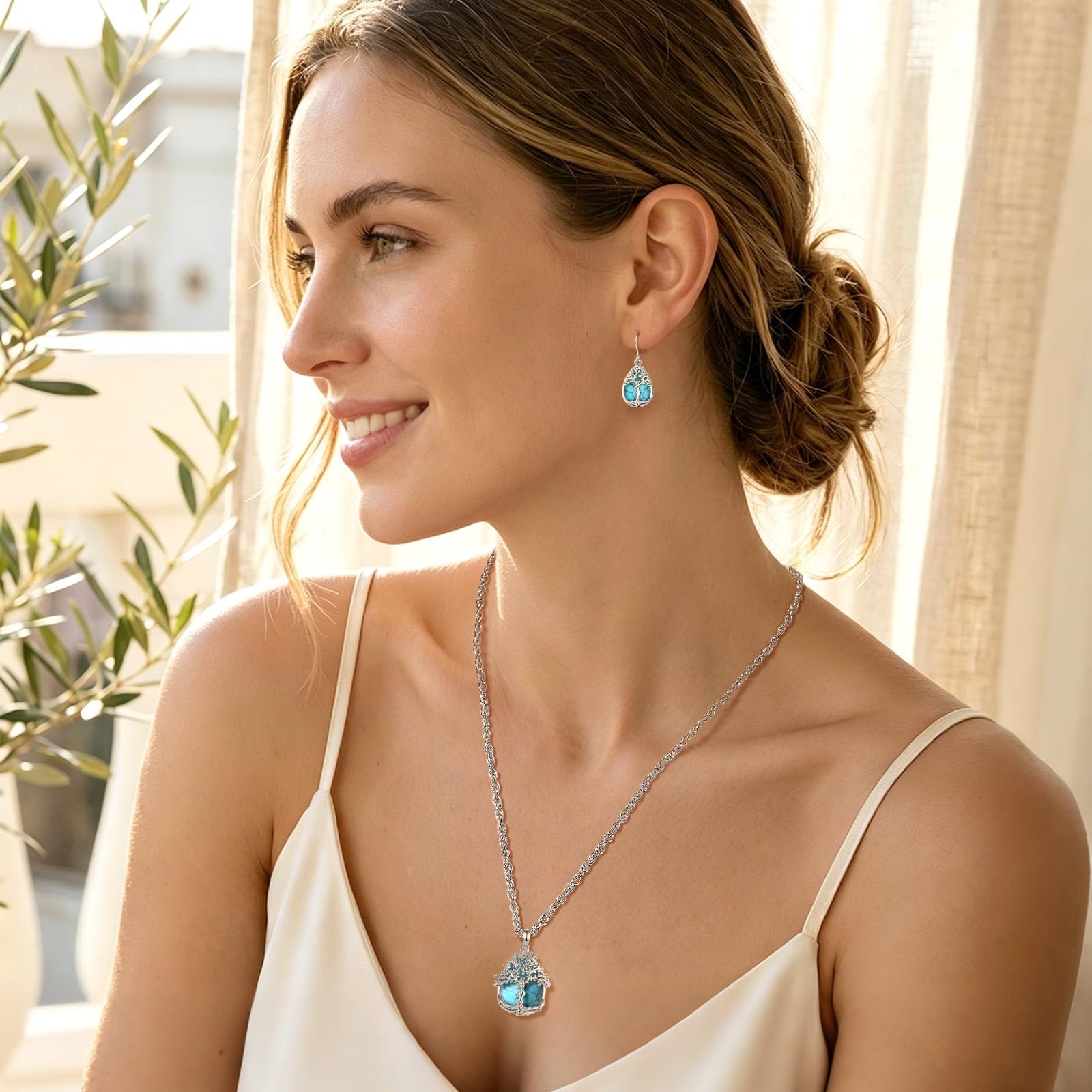 AEONSLOVE Pendientes Árbol de la Vida con Piedra Lunar para Mujer